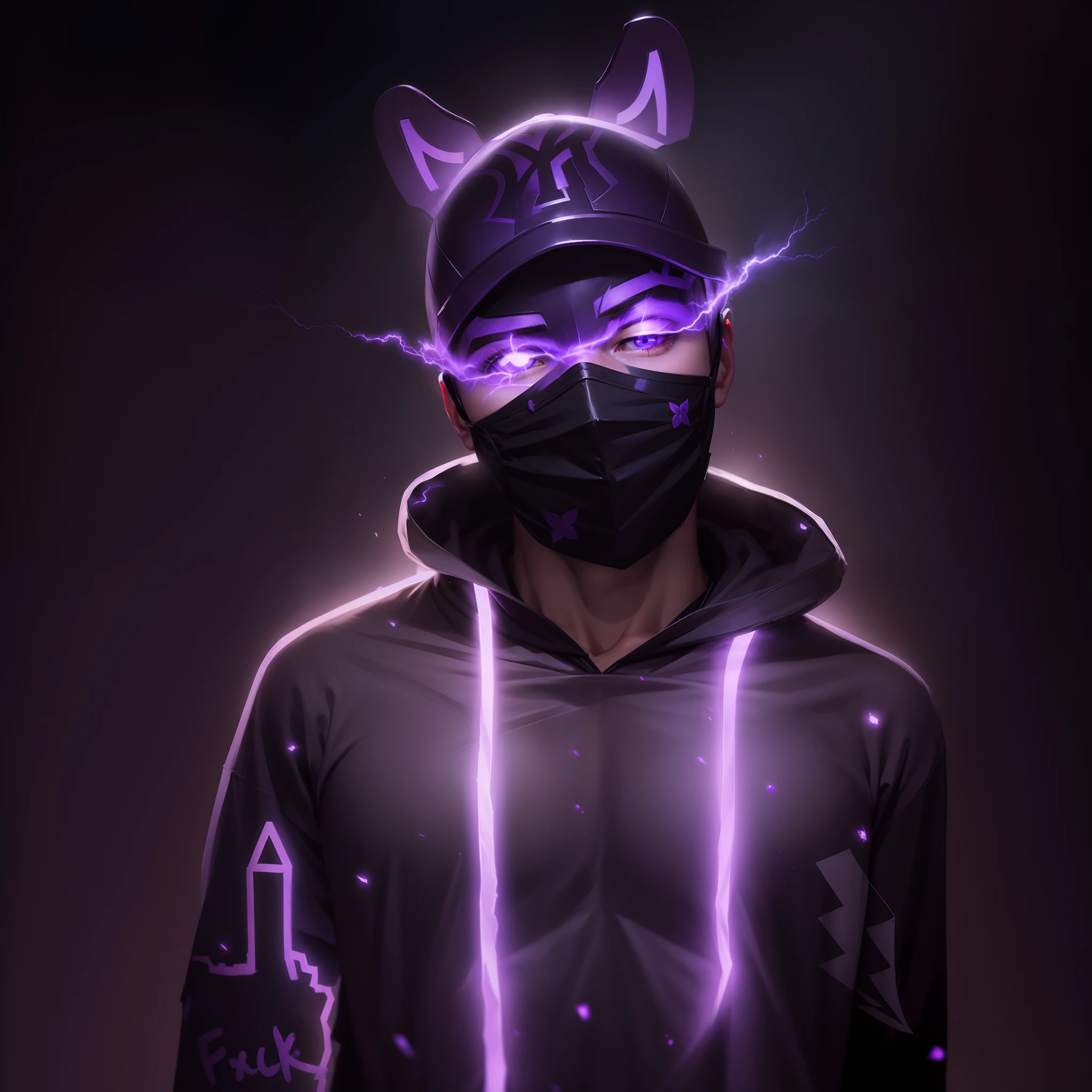 A boy wearing simple mask with little bit muscle , on eyes only purple lightning and dark vibe background