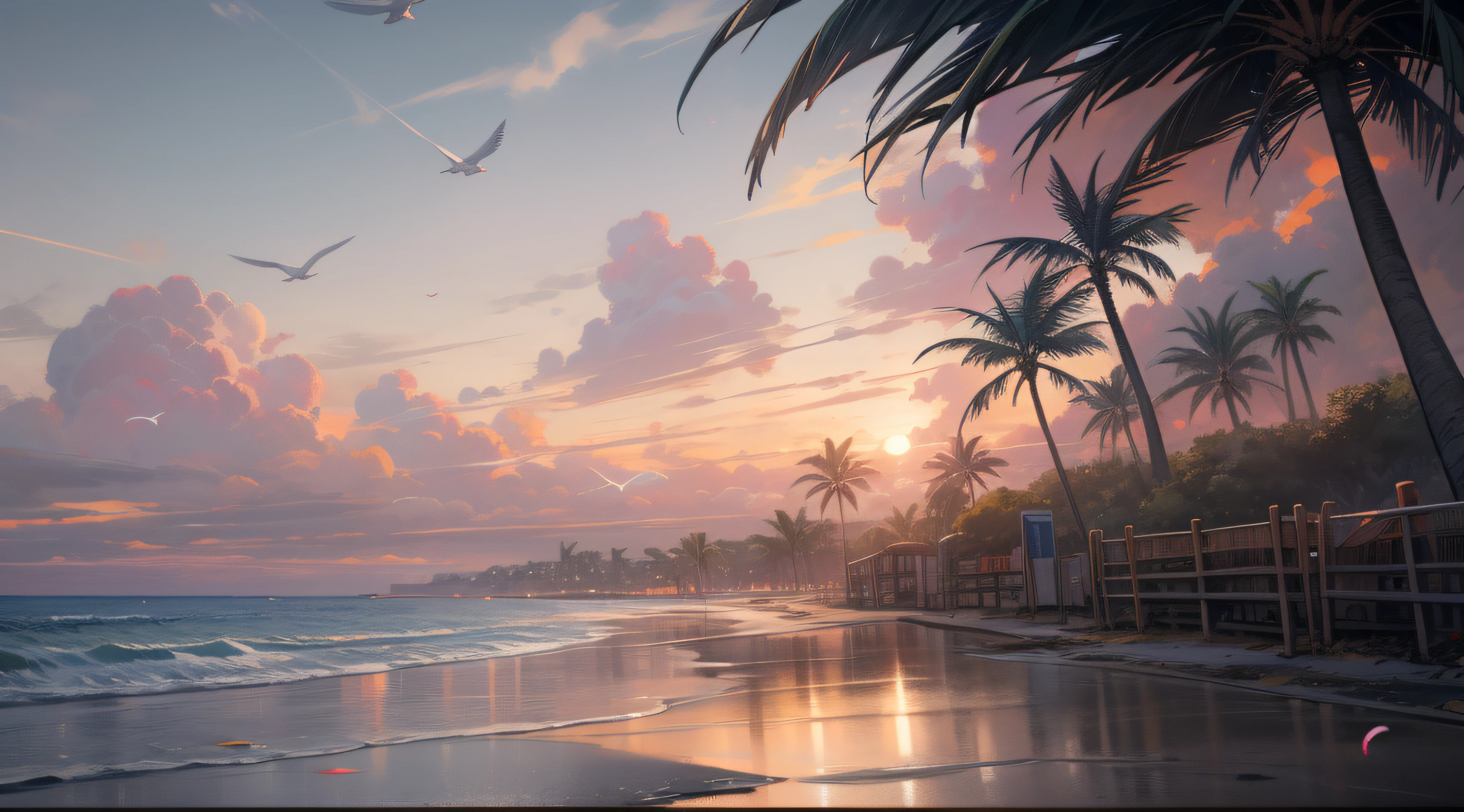 An absolutely mesmerizing sunset on the beach with a mix of orange, pink and yellow in the sky. The water is crystal clear, gently kissing the shore, and the white sand beach stretches as far as the eye can see. The scene is dynamic and breathtaking, with seagulls soaring high in the sky and palm trees gently swaying. Soak up the calm atmosphere and let the tranquility envelope.