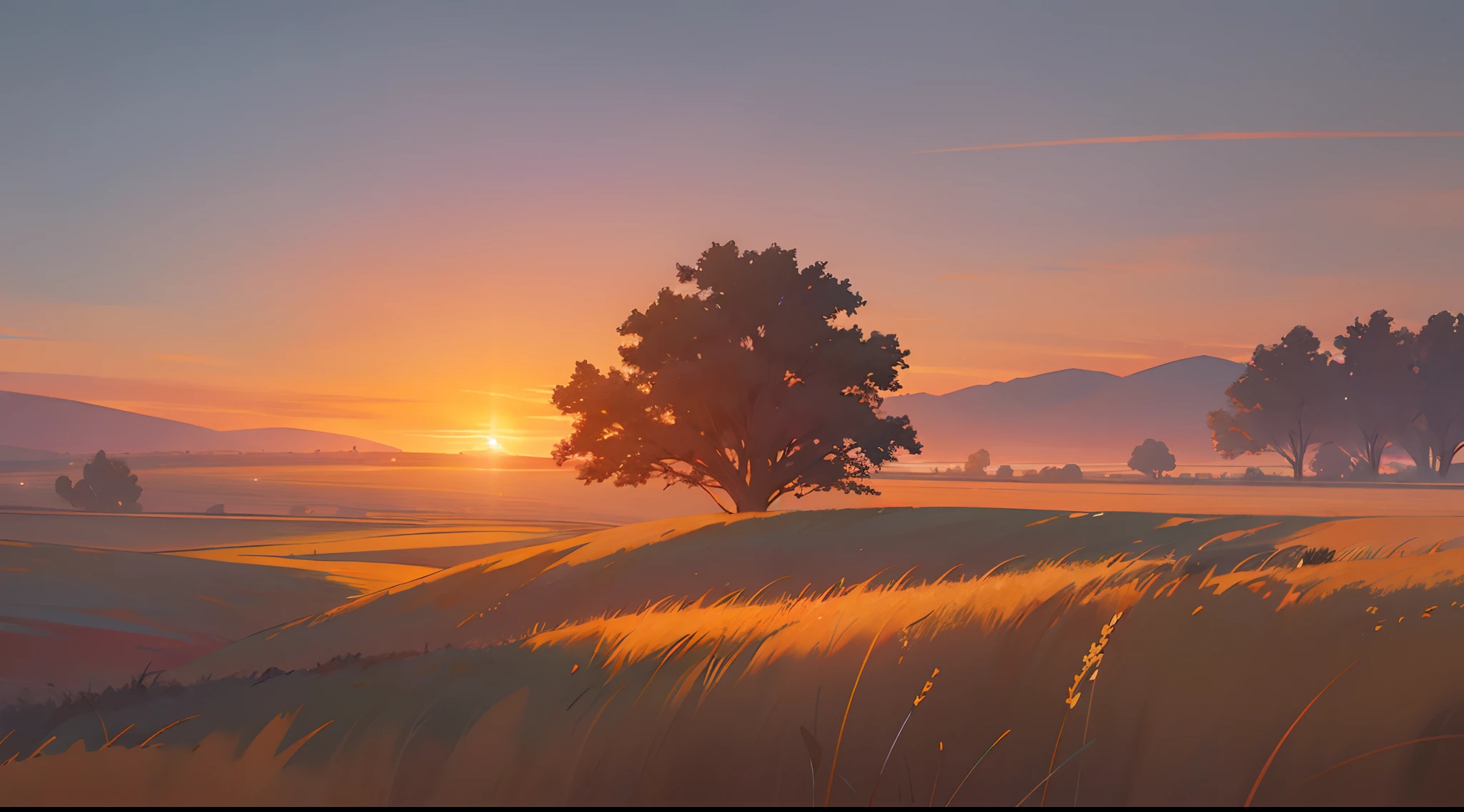 Describe a breathtaking scene where the setting sun paints the sky with hues of gold and crimson, casting a warm glow over the tranquil meadow."