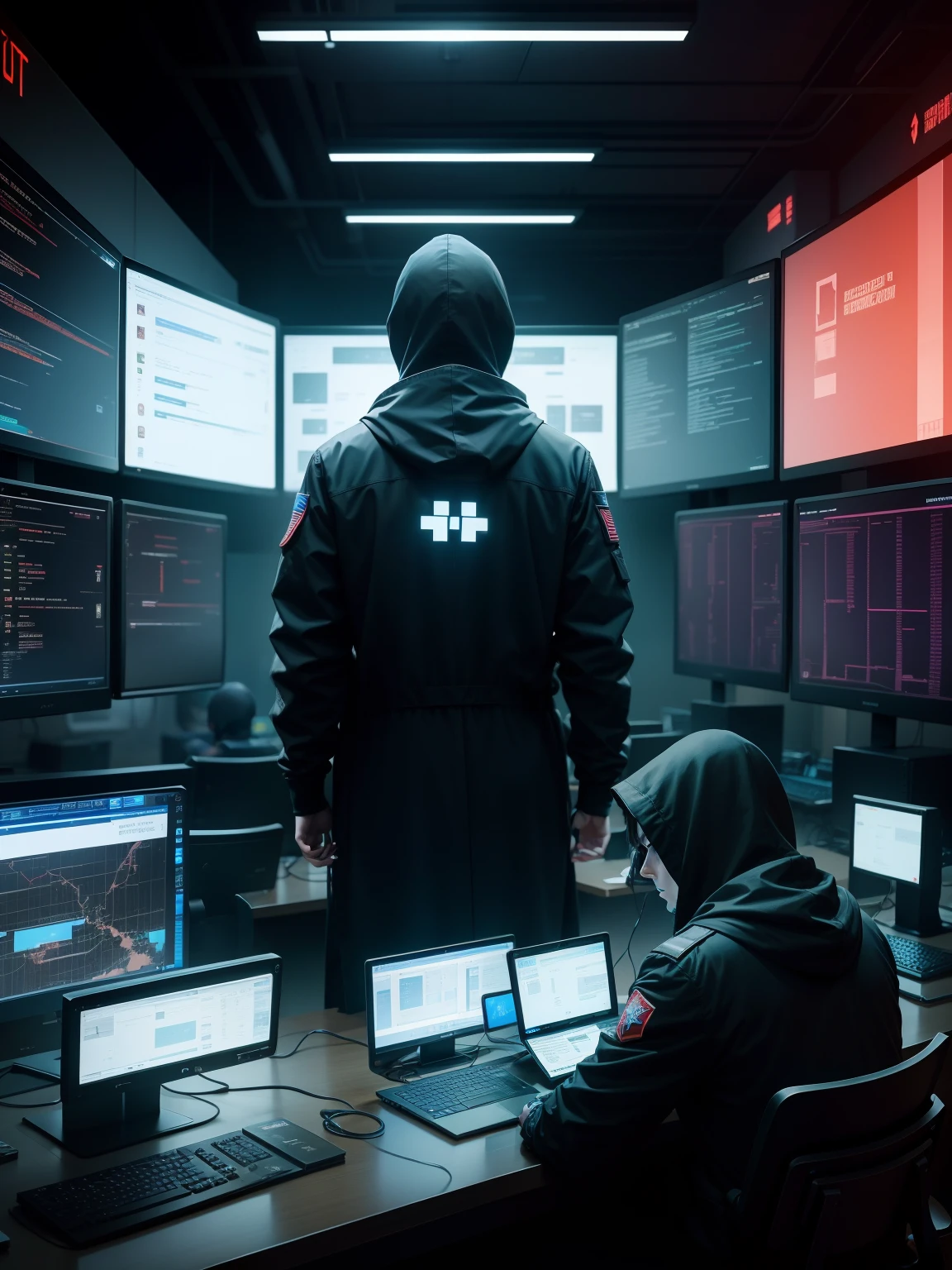 This is a hacker army,Their purpose is to eradicate the evil capital of this world。What is left to the world is the back,In front of him are lots of monitors and servers。