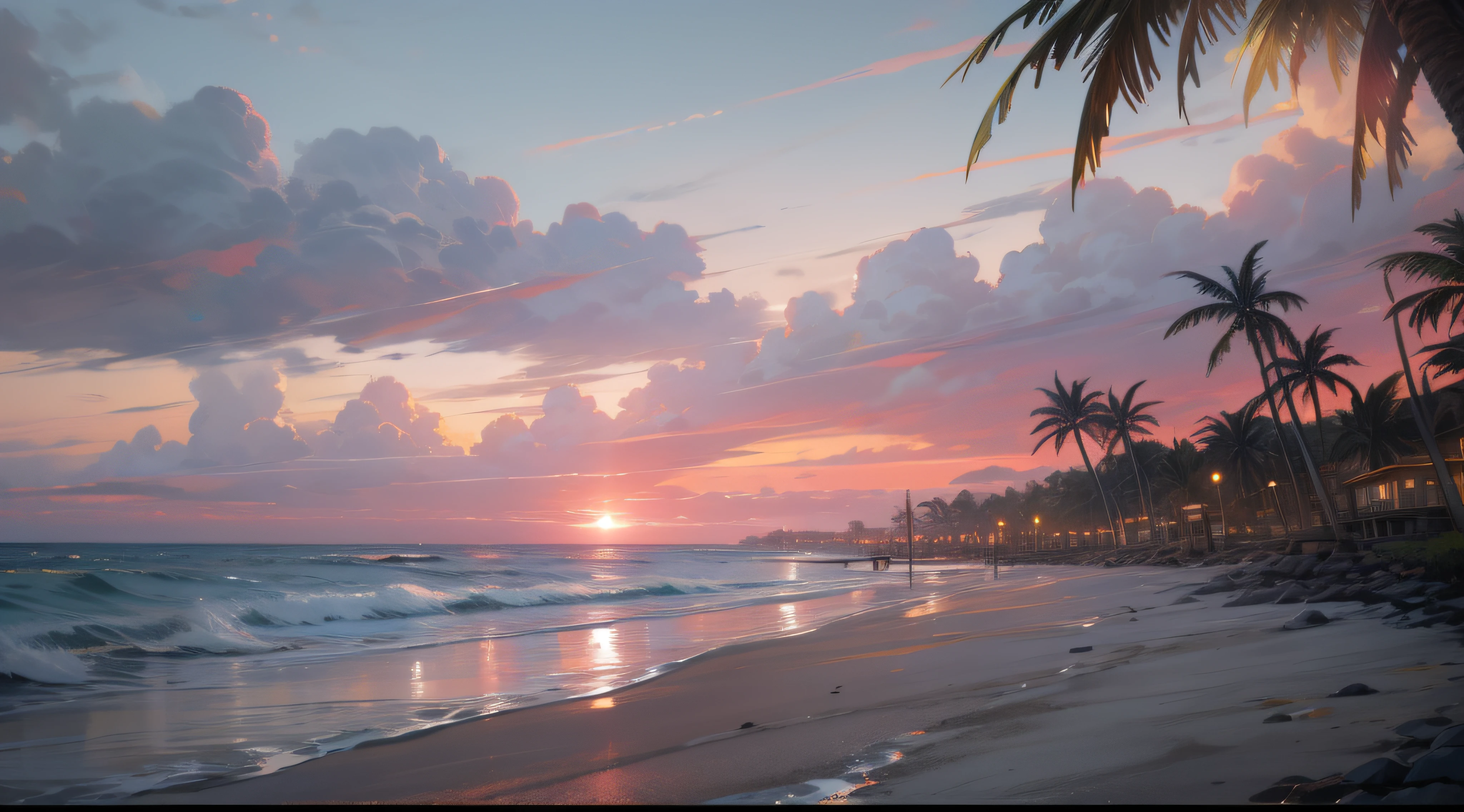 An absolutely mesmerizing sunset on the beach with a mix of orange, pink and yellow in the sky. The water is crystal clear, gently kissing the shore, and the white sand beach stretches as far as the eye can see. The scene is dynamic and breathtaking, with seagulls soaring high in the sky and palm trees gently swaying. Soak up the calm atmosphere and let the tranquility envelope.