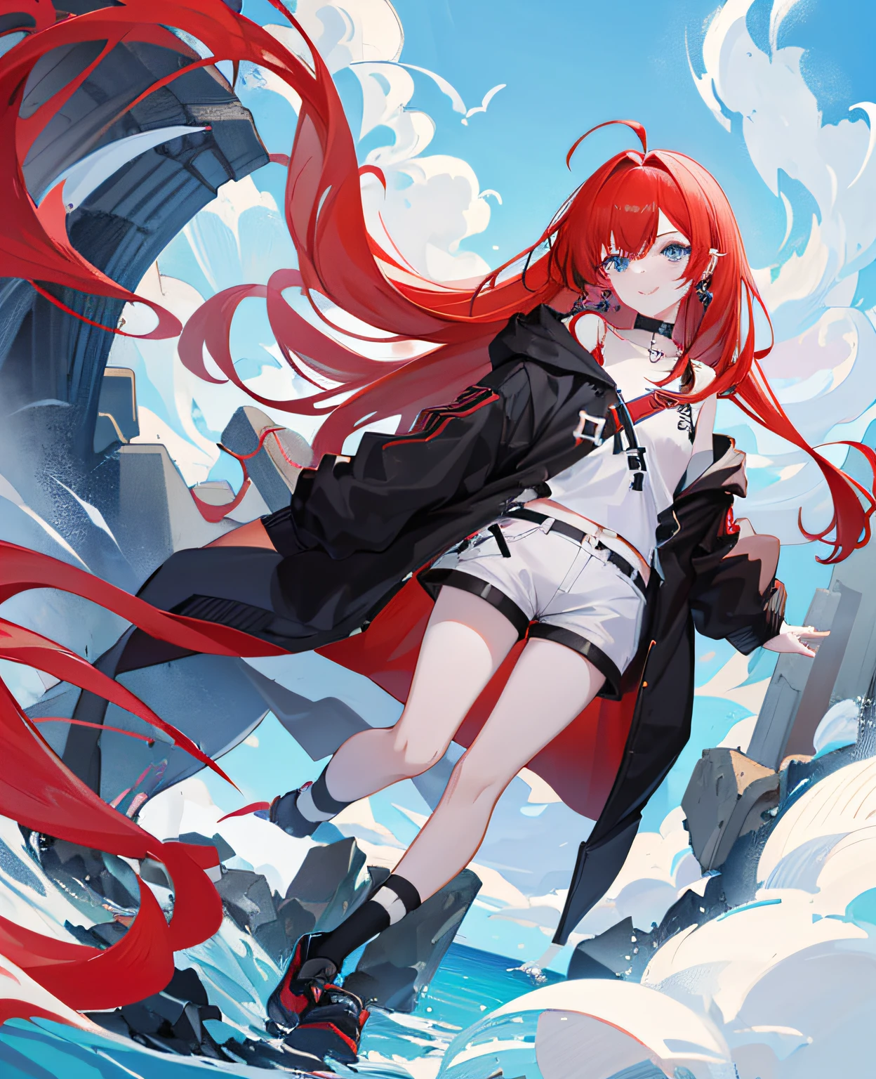 (masterpiece), (best quality), 1girl, red hair, long hair, ahoge, sidelocks, blunt bangs, blue eyes, pale skin, flat chest, gothic, black hoodie, stud earrings, black choker, ear piercing, looking at viewer, shorts, full body, striped knee-socks, smile