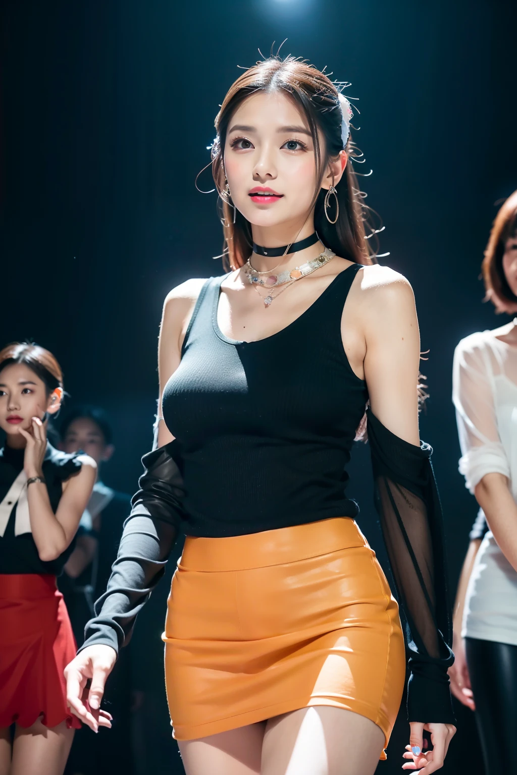 (8K分辨率,fully body photo,Realistic wallpapers),(1 female,18yr old,(Digging Wei Yangnai's facial features:1.6,Wide bone face,babyfat,s delicate face),com rosto detalhado,(Delicate Japanese makeup,Stage pop makeup),Lovely face,com rosto detalhado,详细的脸,Ultra-fine makeup,Black colored eyes,(Look into the distance),Long black straight hair,(By bangs,dual horsetail,Messy hair,Messy has layers),Redlip,Fair smooth skin,(Best Skin Type:1.21),mediuml breasts,(Everyday women's clothing,False sleeves,short skirt,(materpiece:terylene,Lycra cotton,elasticity),Crystal hairpins,耳Nipple Ring,choker necklace,Yarn gloves,high-heels),Tall and tall,perfect hand,Ultra-fine clothing material),(Stage performances,Exquisite stage details,(Vista view of the catwalk,Outdoor catwalk,Tokyo fashion show,neonlight,There were a lot of spectators in the audience,Model on the catwalk)),(exhilarated,confident smile,Rejoice),(Various stage lighting assistance,profesional lighting,动态照明),((vibrant with colors,Reserved,ellegance,vivaciousness,(white colors,purpleish color,blue colors,In pink))),(Golden section,Cinema lenses,Hasselblad photograp,tmasterpiece:1.3),(Pure,adolable,Sunny and lively,dream magical,Little woman,trendsetting,Street style,Artis,Art platform