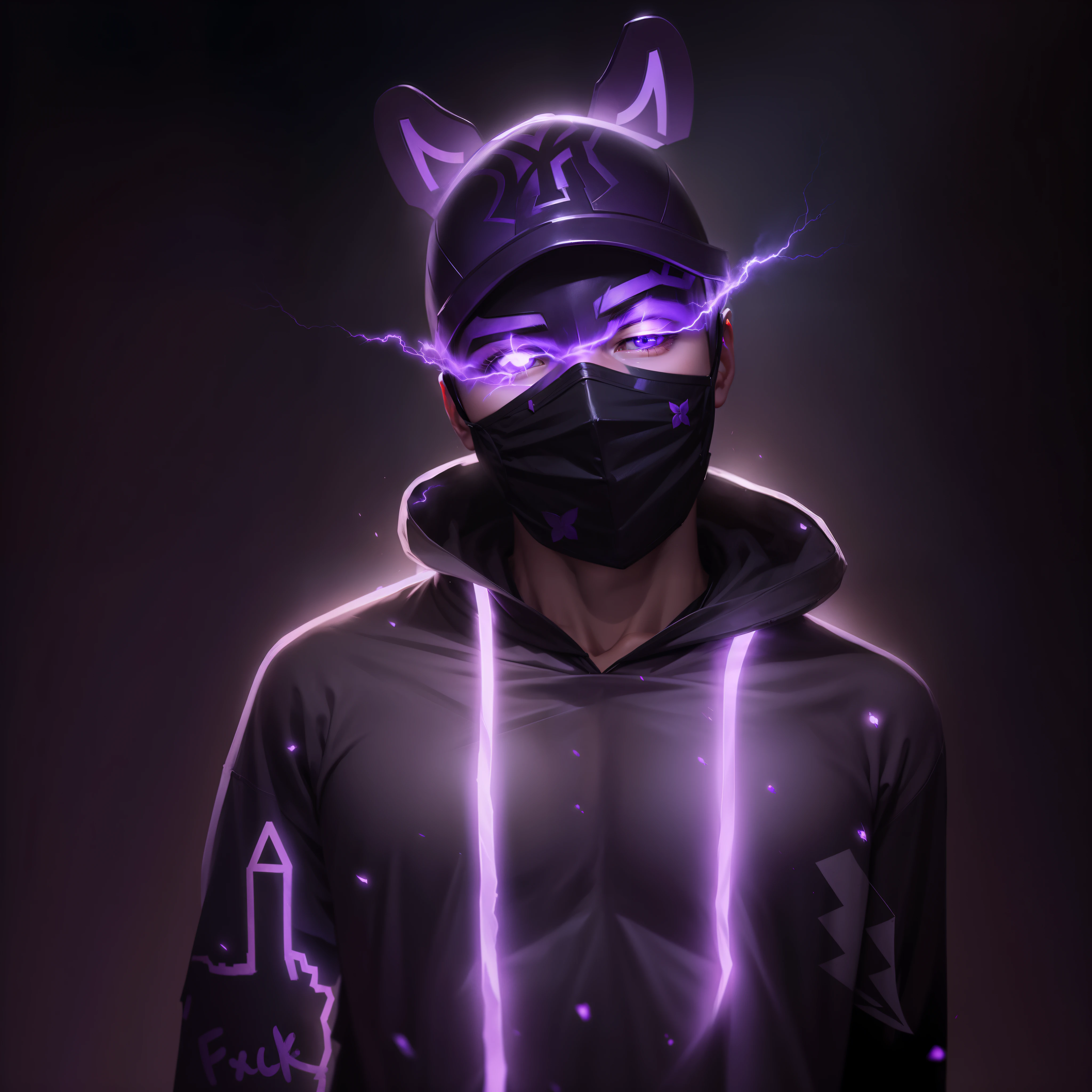 A boy wearing simple mask with little bit muscle , on eyes only purple lightning and dark vibe background