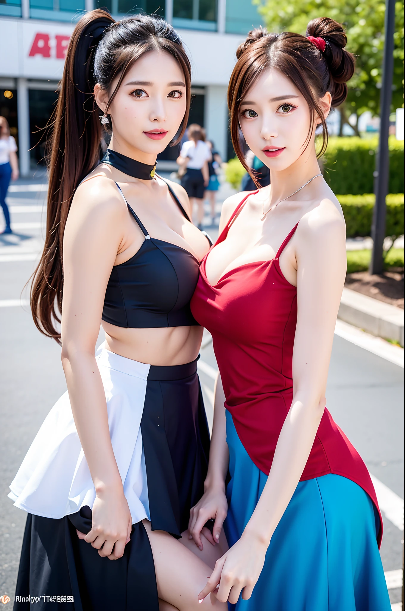 (Realistic:1.2),duo,Two women in costume taking selfies on the street,colorful pigtail, anime cosplaying, 18yo Girls, sexy outfit , sitting, computer classroom