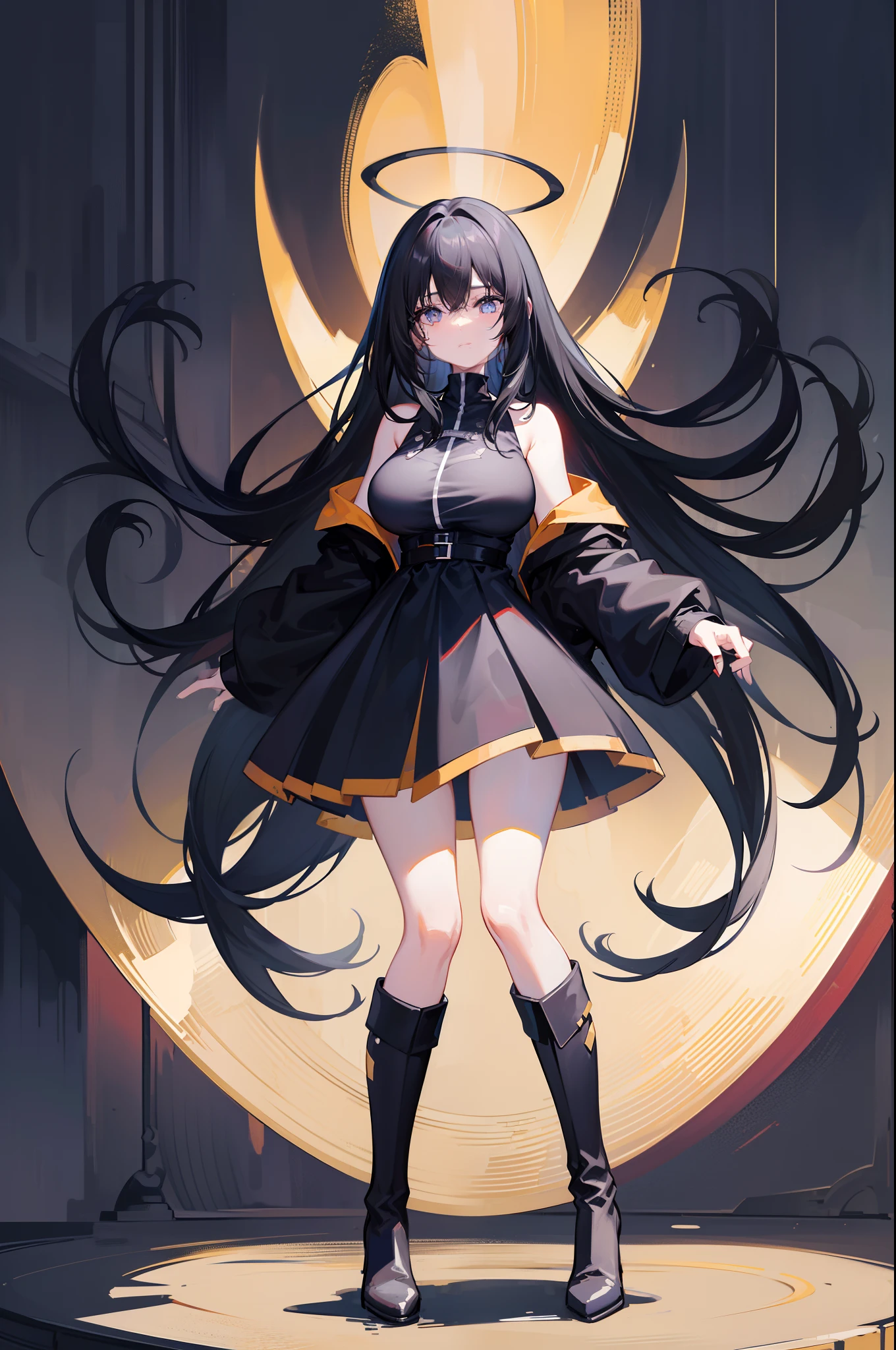 black toga, Black color hair, (Black gloves), ((black long boots)), with black background, Black hair, ahoge, Long hair, hair between eye, Very long hair, Shiny hair, hair splayed out, Absurdly long hair, huge ahoge, Halo, Black eyes,Light smile, High detail, anime big breast, Minimalism, Anime style, Verism, Chiaroscuro, Depth of field, Cinematic lighting, Ray tracing, shadowing, Vignetting, hyper HD, Masterpiece, ccurate, Anatomically correct, Textured skin, Super detail, High details, High quality, Award-Awarded, Best quality, A high resolution, 16k,Full body like,Standing painting,correct hand,standing on your feet