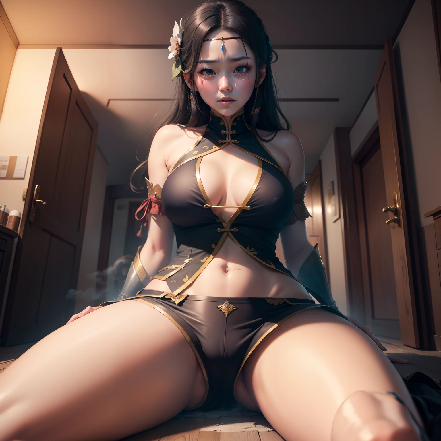 Strong warrior princess,at centre,Critical vision,复杂,highly detailed,breath taking beauty,binding,Shed tears,Ragged clothes,Shy blush