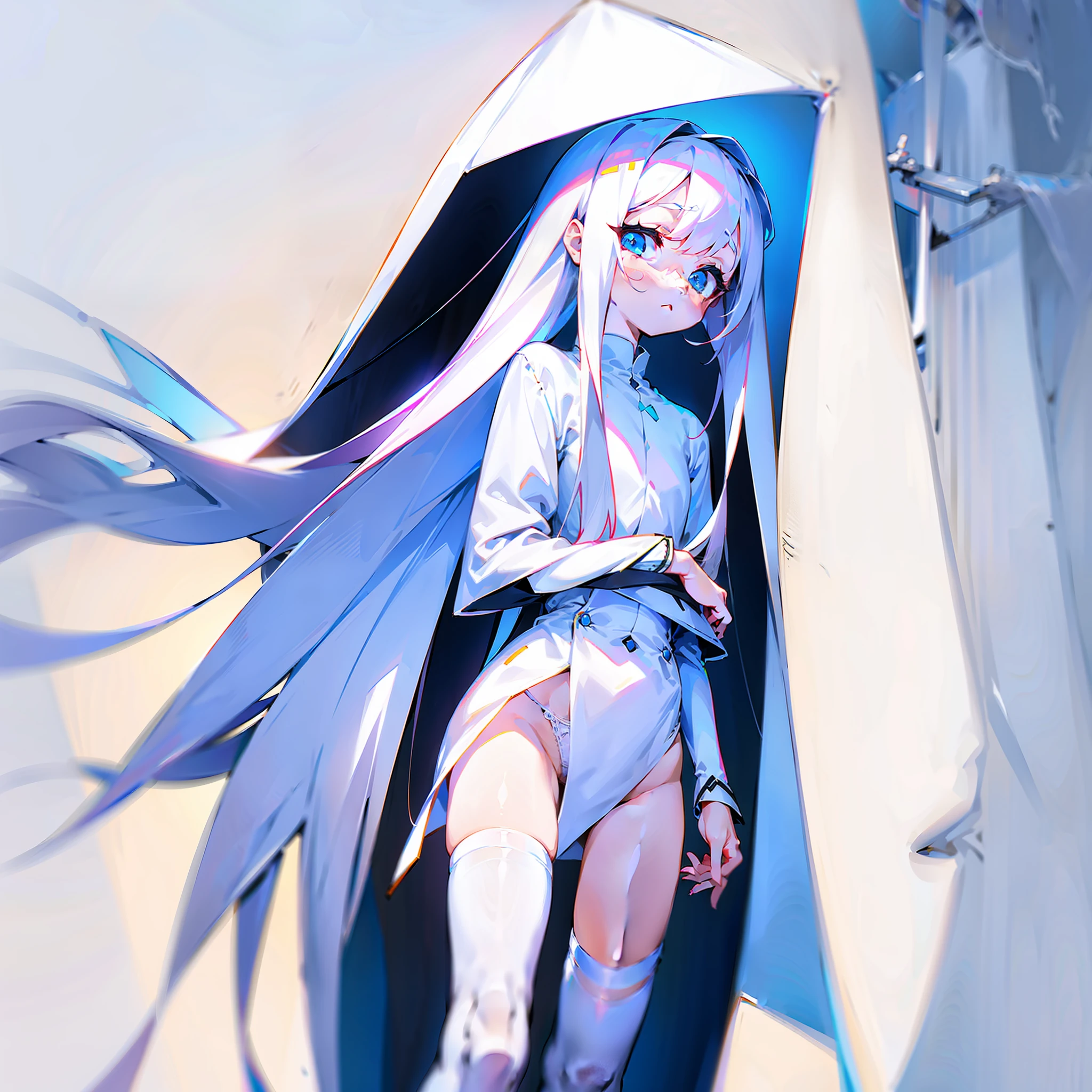 white stockings，barebacked，white  panties，low head，is shy，long  white hair，Petite and cute，In line with human dissection
