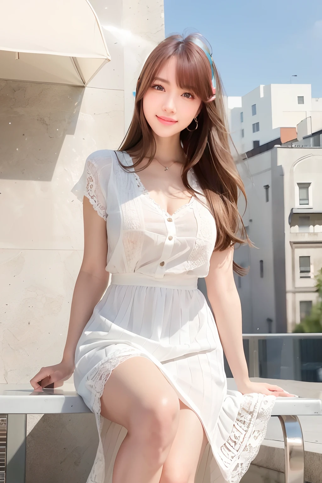 NSFW, (8K, Best Quality, masutepiece:1.2), (Realistic, Photorealsitic:1.37), Ultra-detailed, 1 girl, view the viewer, Cute, Beautiful detailed sky, Detailed Cafe, Sit down at the dining table for afternoon tea, full body Esbian, (Smile:1.15), Closed mouth, medium breasts, Shirt buttons burst, Beautiful detailed eyes, (Collared shirt:1.1), Daytime, Sunshine, White lace, (Long hair:1.4), shoulder-length hair, Silver hair, uniform, White skin, Cinematic Light, streetlights, (The hottest actress:1.4), fullbody image, (Tea table:1),(Carrying bag:1), Ulzo-6500-V1.1:0.3, Karinak-4501-6300:1.2