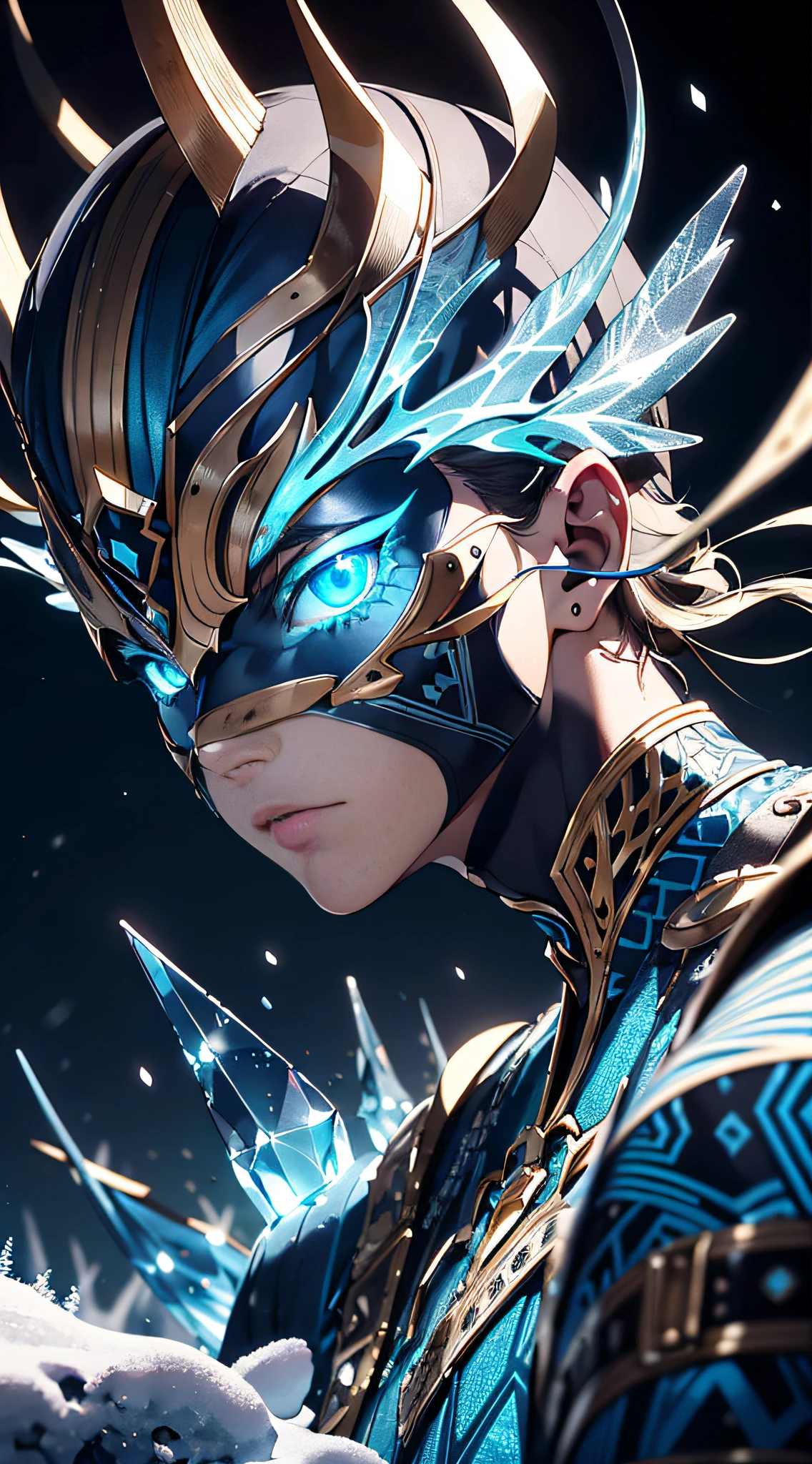 absurd, high resolution, super detailed, official art, unified 8k wallpaper, super detailed, beautiful and aesthetic, masterpiece, best quality, (zentangle, ice, tangles, entanglement), (fractal art: 1.3), realistic, (masterpiece, top quality, best quality, official art, beauty and aesthetics: 1.2), very detailed, fractal art, colorful, most detailed, zentangle, (abstract background: 1.5) (1boy: 1.3), gods, (glowing blue eyes), mysterious, (magic), (sitting on top of the giant Lycoris radiata), ice and snow