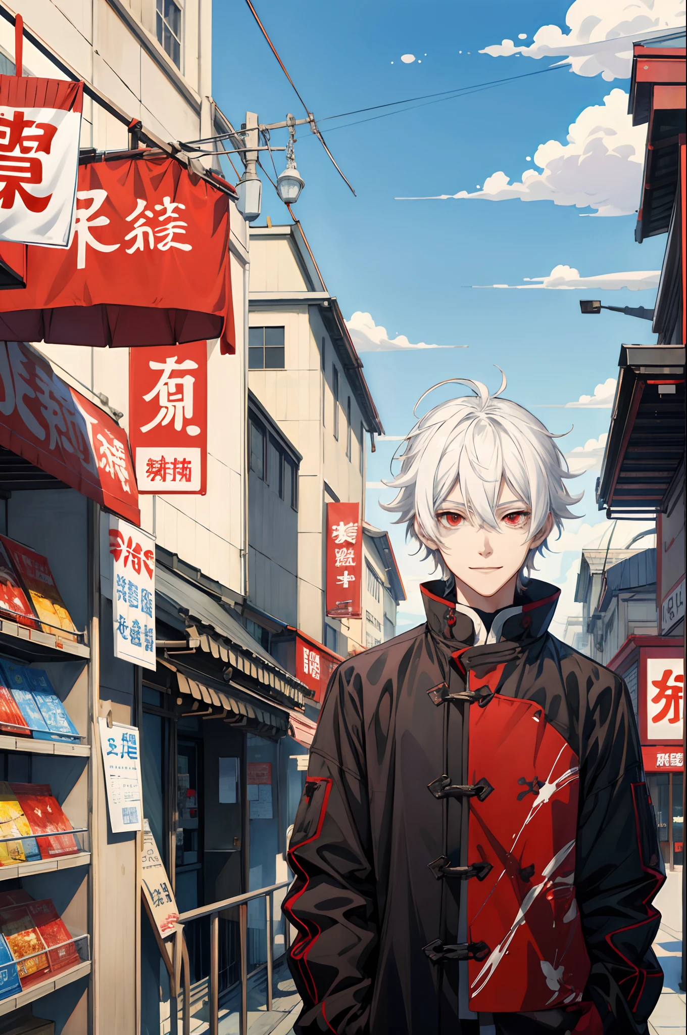 white hair, red eyes, Asperm hairstyle, anime male character, wearing casual coat, pixiv, Shin hanga, anime boy, inspired by anime moe art style received anime picture style, sunny, now in front of convenience store, lively and cheerful, smiling