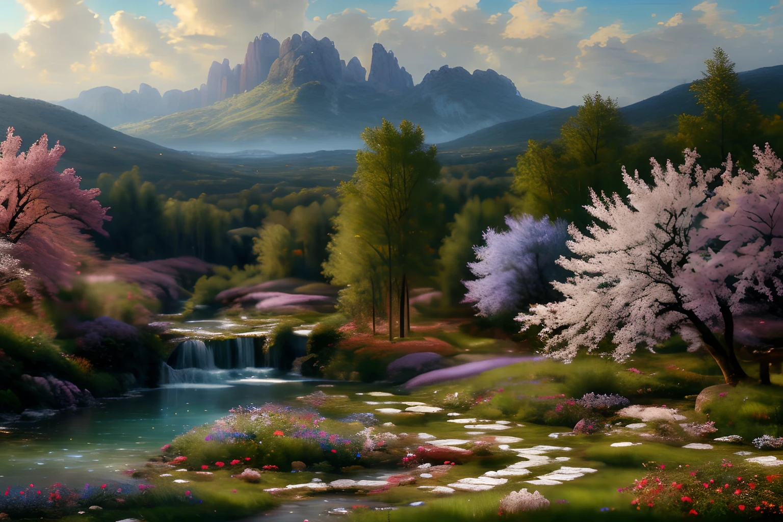 Paysage forestier au printemps  , Eau cristalline, ciel azur lumineux, fleurs glycines ,(Highly detailed CG Unit 8k wallpaper), The most beautiful work of art in the world, Professional majestic oil painting, complexe, High detail, mise au point nette, dramatique, Art of photorealist painting, Alma Tadema