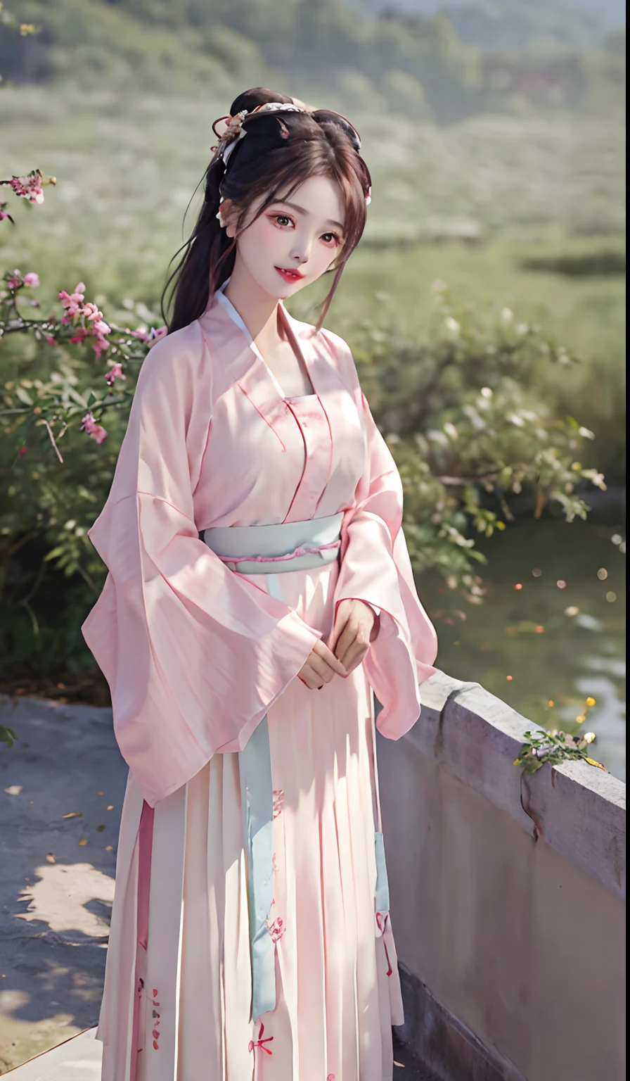 (8k, best quality, masterpiece:1.2), (realistic, photo-realistic:1.2),(sky of background: 1.2),looking at viewer, 1girl,perfect face, perfect eyes,large breasts,perfect skin,make happy expressions,gorgeous,pure,light make up,jade jewelry,hair ornament,hair band,looking at viewer,colorful,(hanfu, song style outfits, 1girl, pink short shan, white pleated skirt, red songmo),