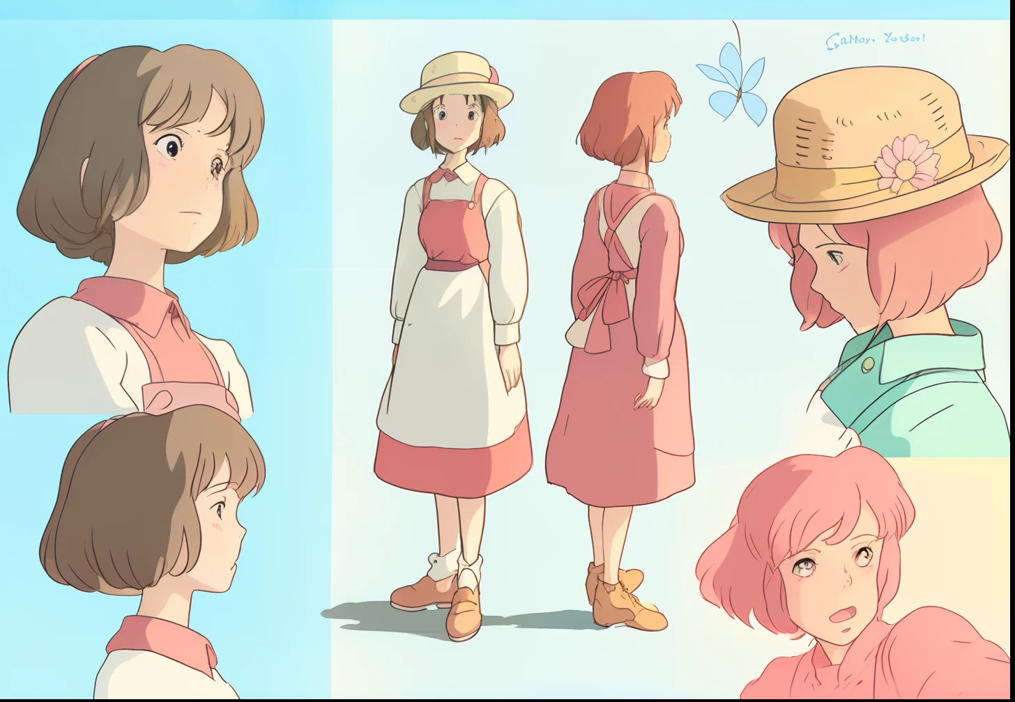 sketches of a woman in a hat and dress standing next to other women, style in ghibli anime style, Background a different color, character a different color, bright color