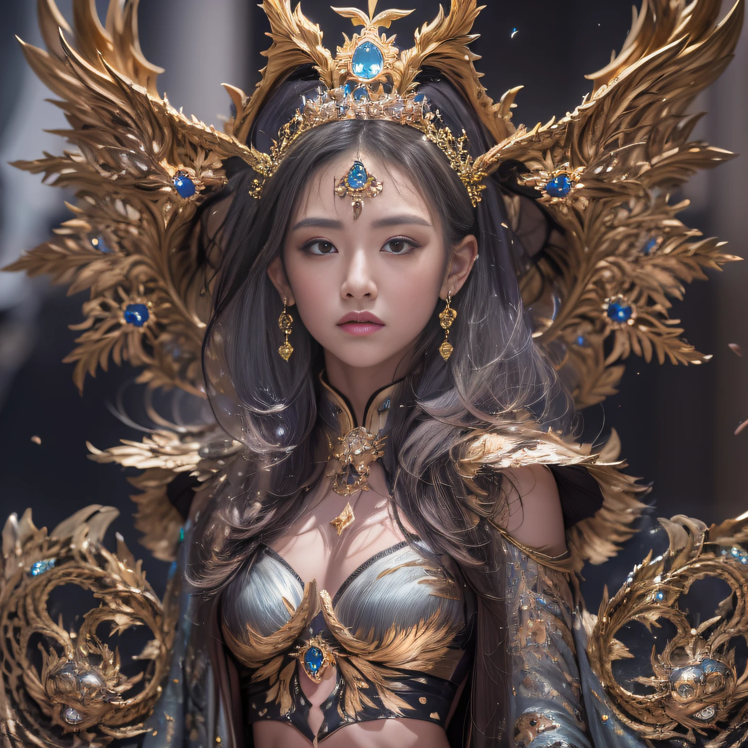 16k(tmasterpiece,k hd,hyper HD,16k)short detailed hair,Gold jewelry area in the back room,Smoke ring girl ,Bronze Dragon Protector (realisticlying:1.4),Python pattern robe,Purple-pink tiara,Snowflakes fluttering,The background is pure,Hold your head high,Be proud,The nostrils look at people, A high resolution, the detail, RAW photogr, Sharp Re, Nikon D850 Film Stock Photo by Jefferies Lee 4 Kodak Portra 400 Camera F1.6 shots, Rich colors, ultra-realistic vivid textures, Dramatic lighting, Unreal Engine Art Station Trend, cinestir 800,Hold your head high,Be proud,The nostrils look at people