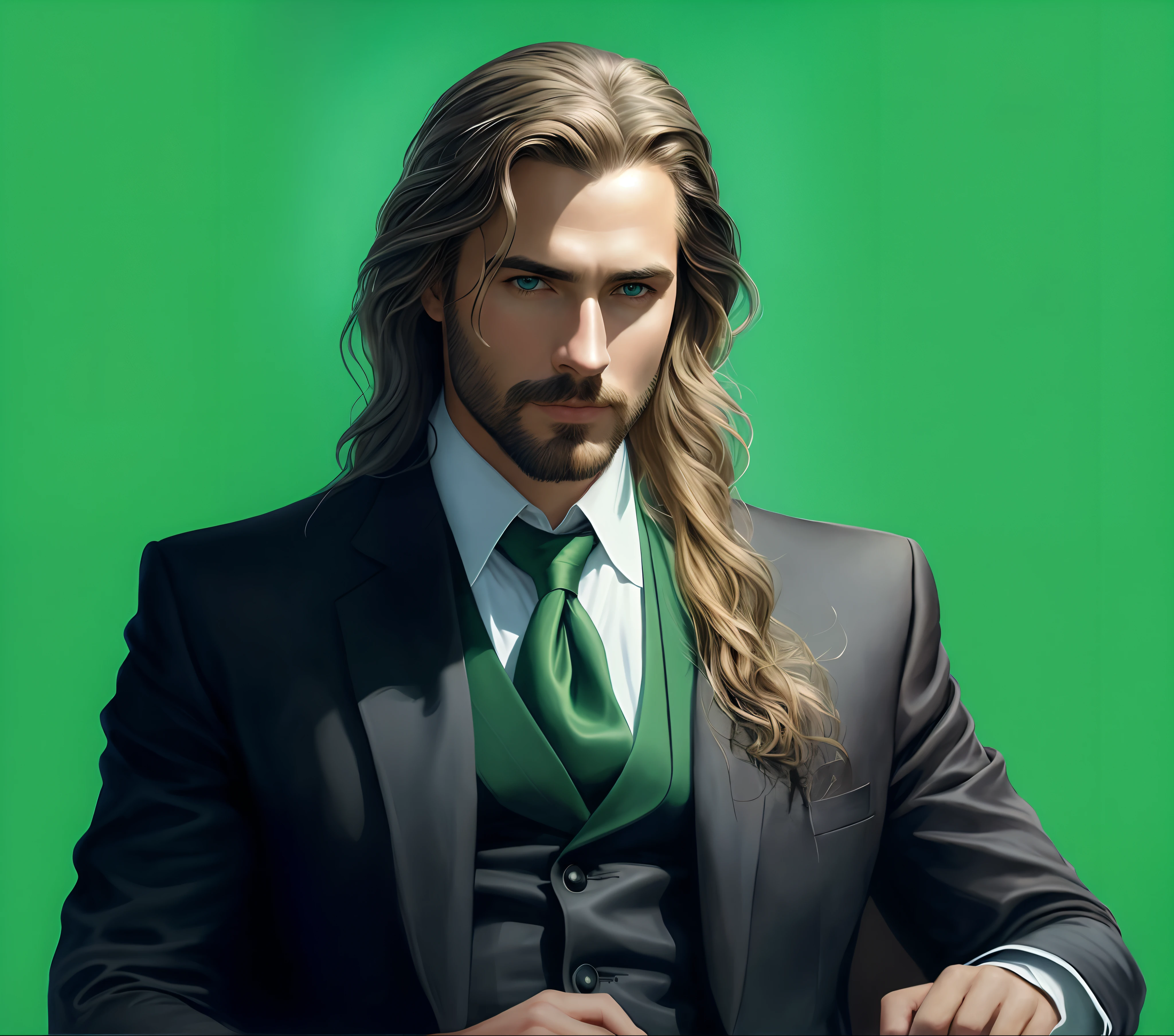 Close up on green background, Masterpiece, a handsome realistic mature man with long hair, big blue eyes looking at the camera, experienced man, lived and mysterious, beautiful wavy hair, charismatic look, charismatic face, mysterious countenance, deep and penetrating, mysterious look, well-tailored suit, masterpiece, intricate details, ultra detail, flirty, intimate, bewitching, natural face, perfect focus, gorgeous, hyper detailed painting,, casimiro arte, Retrato de fin wildcloak, Epic realistic art, ultra realistic exquisite characters, Stanley Artgerm Lau, retrato masculino da fantasia, amazing portrait of viego, Sylas, bonito impressionante realista, hypnotic, Parent part, trono decadente, arte de personagem impressionante, papel de prede, arte do personagem masculino humano, arte do retrato do personagem, Stanely Artgerm, Um retrato de um elfo masculino, 8k.
