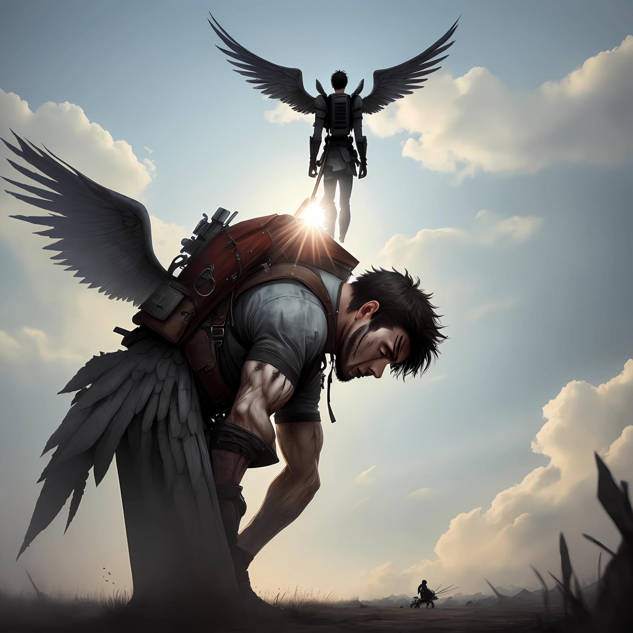 Men with wings on their backs, painful, bruised, bloody, bent over, delicate, hell
