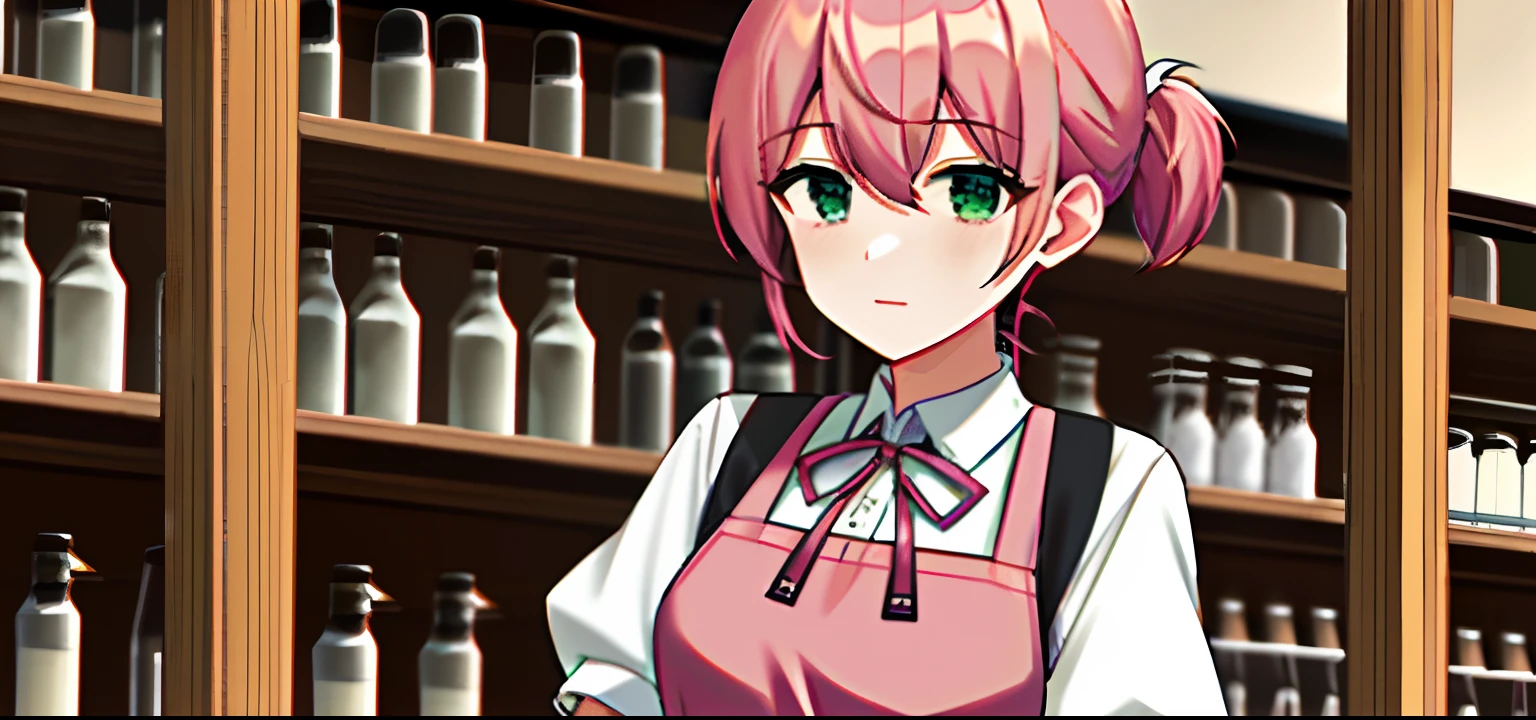 Best quality, 1girll, Adult, Medium breasts, Pink hair, Medium hair, pony tails, Green eyes, Waitress, White shirt, Blue skirt, Blue ribbon, White apron, waistup_aprons, short_Sleeves