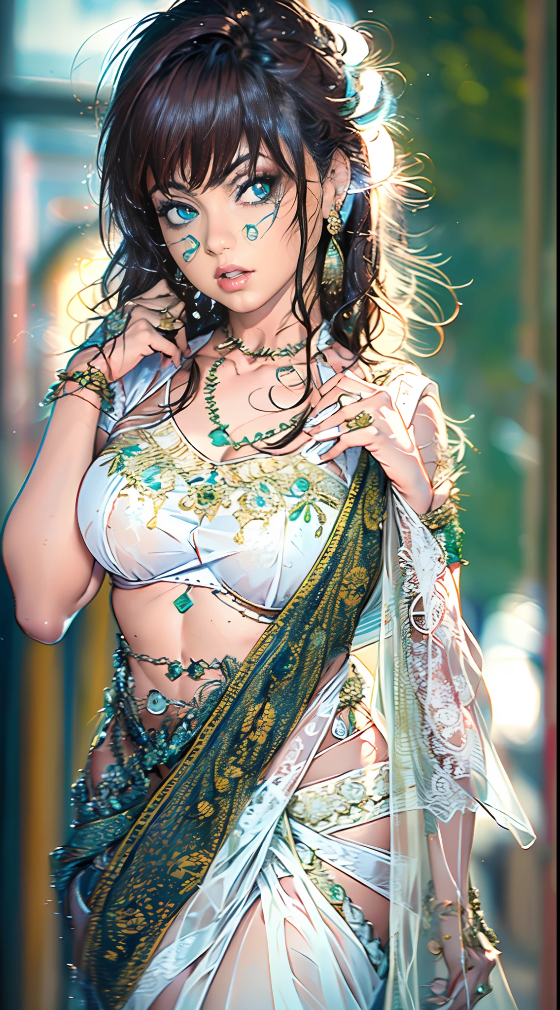 (Masterpiece, best quality, 8k, anime style), (One women wearing white blouse and saree:1.6),Desi, (translucent clothes), see through saree, nice boobs, cleavage, pretty face, red lips, dark hair, close up, lush green background