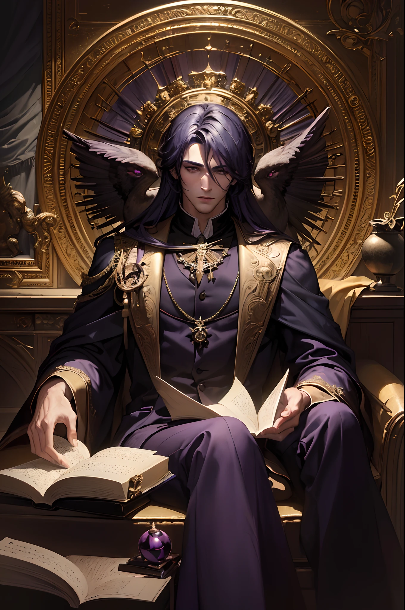 (masterpiece, best quality:1.4),(absurdres, highres, ultra detailed:1.2), (1 handsome man:1.4),(using dark magic:1.4),purple magic,playful illustrations, imaginative overlays, artistic fusion,fantastical scenes, evocative narratives, striking visuals, upper body
