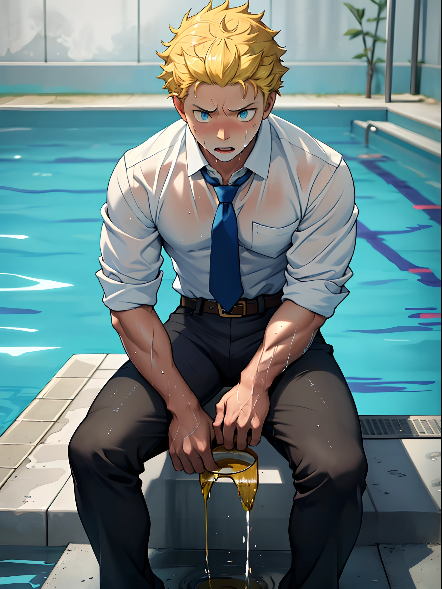 （1 Adult male），A high resolution， Sharp focus， Pixiv masterpiece， （（Complicated details））， highly  detailed， natsuki_subaru， 1 man，perfect male figure，Pee from the pant leg， Nervously bow your head，is shy，embarressed，exhilarated，is shocked，panicking，worry，A pool of urine formed around him，Very eager to pee，Unbearable，Wet yourself，Urine discharge，full bodyesbian，sit astride，Tired，decadent， blue color eyes（eyes glowing）， Short yellow hair，white  shirt，Wear a tie，Wear a belt，Trousers，perspire，Drenched，Get wet，pissing，urine flows down the pants，look from down