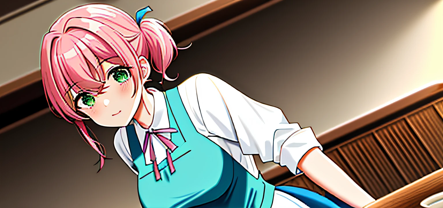 Best quality, 1girll, Adult, Medium breasts, Pink hair, Medium hair, pony tails, Green eyes, Waitress, White shirt, Blue skirt, Blue ribbon, White apron, waistup_aprons, short_Sleeves