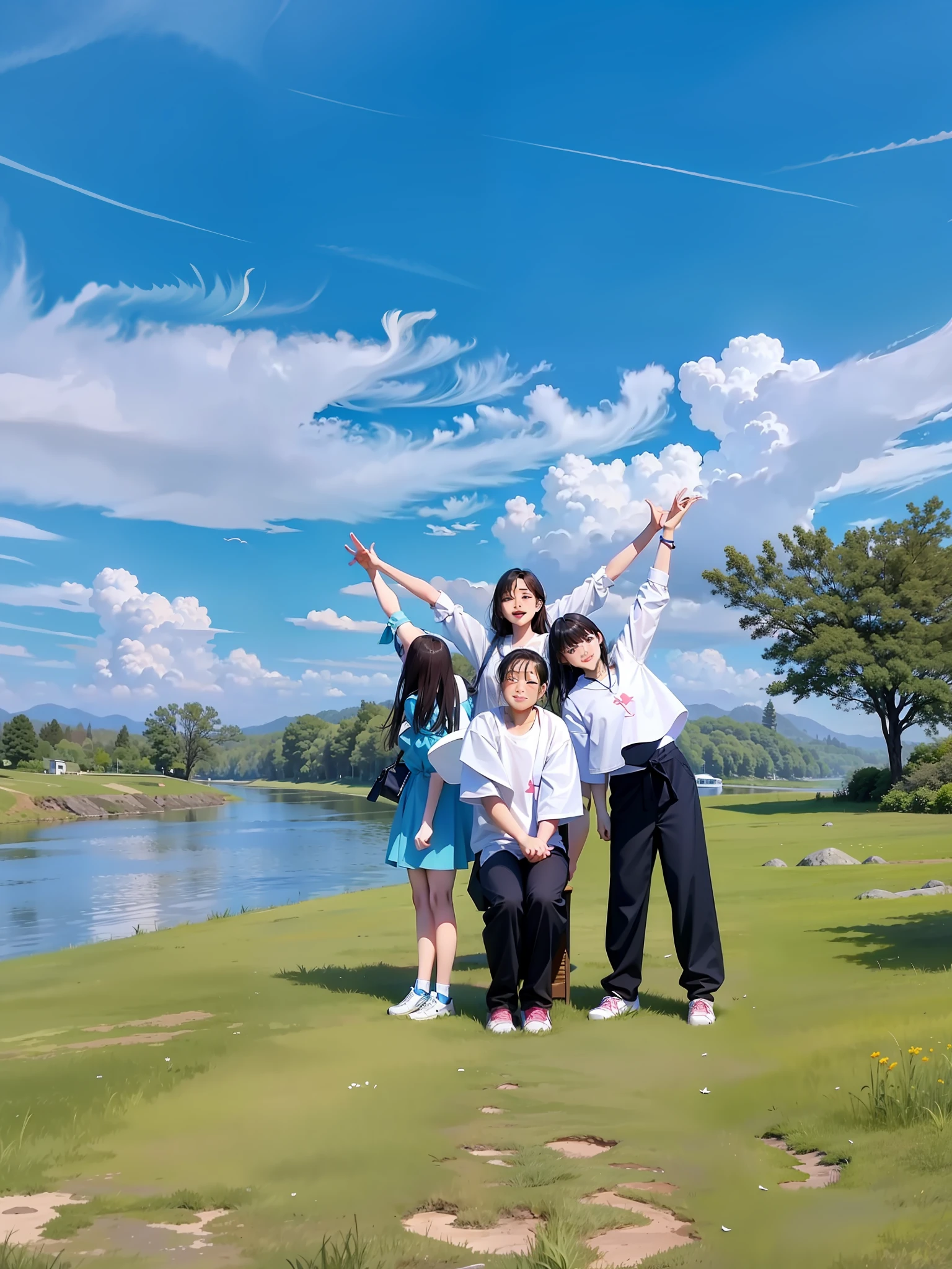 On the grass by the water stood four people, vacation photo, Group photo, beautiful fine sky, in a scenic background, near a river, perfect spring day with, river in the background, um dia ensolarado, scenic full shot，The hands are connected in the shape of a five-pointed star