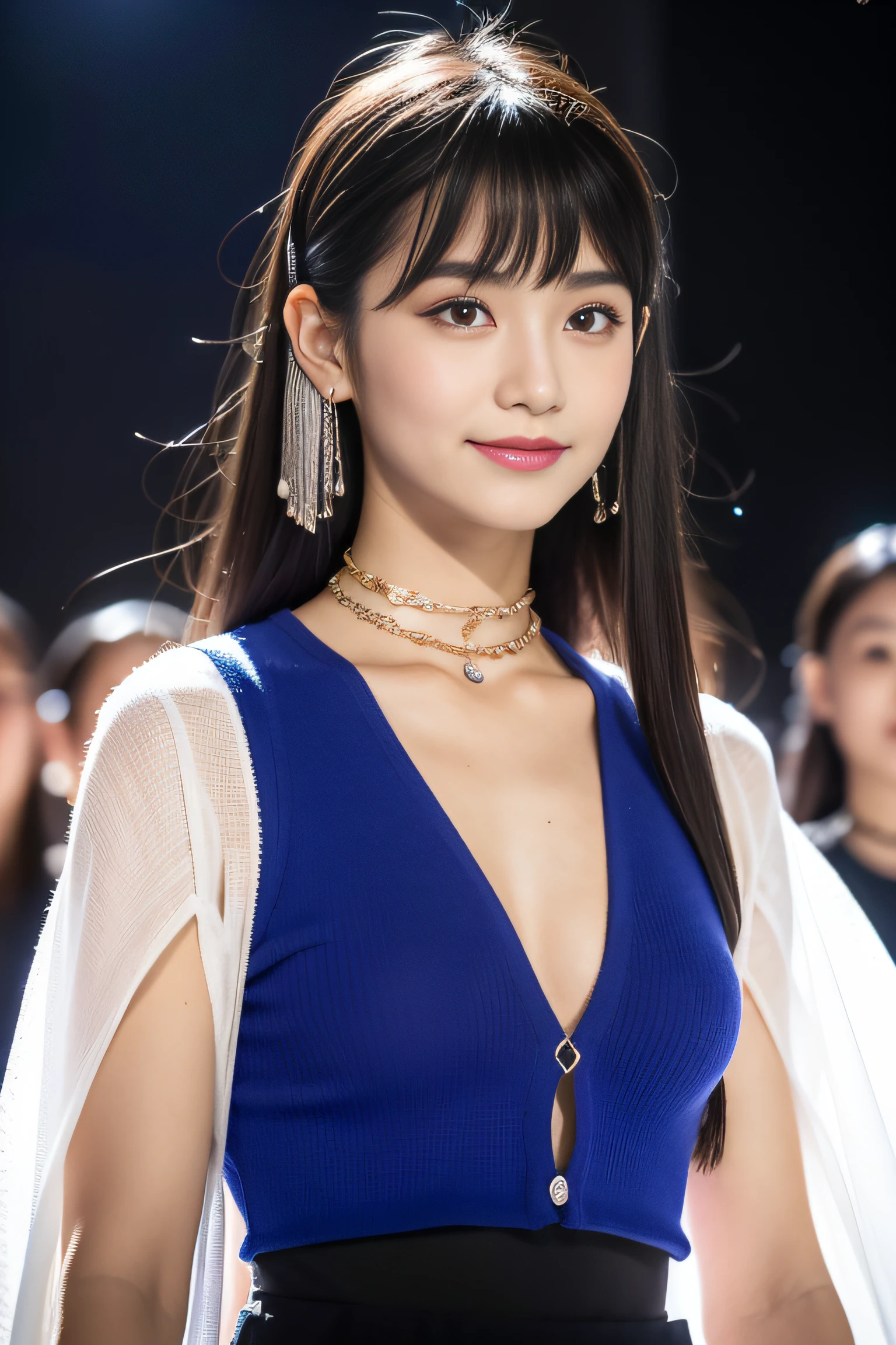 (8K分辨率,fully body photo,Realistic wallpapers),(1 female,18yr old,(Nakamura Risha's facial features:1.6,Wide bone face,babyfat,s delicate face),com rosto detalhado,(Delicate Japanese makeup,Stage pop makeup),Lovely face,com rosto detalhado,详细的脸,Ultra-fine makeup,Black colored eyes,(Look into the distance),Long black straight hair,(By bangs,dual horsetail,Messy hair,Messy has layers),Redlip,Fair smooth skin,(Best Skin Type:1.21),mediuml breasts,(Everyday women's clothing,False sleeves,short skirt,(materpiece:terylene,Lycra cotton,elasticity),Crystal hairpins,耳Nipple Ring,choker necklace,Yarn gloves,high-heels),Tall and tall,perfect hand,Ultra-fine clothing material),(Stage performances,Exquisite stage details,(Vista view of the catwalk,Outdoor catwalk,Tokyo fashion show,neonlight,There were a lot of spectators in the audience,Model on the catwalk)),(exhilarated,confident smile,Rejoice),(Various stage lighting assistance,profesional lighting,动态照明),((vibrant with colors,Reserved,ellegance,vivaciousness,(white colors,purpleish color,blue colors,In pink))),(Golden section,Cinema lenses,Hasselblad photograp,tmasterpiece:1.3),(Pure,adolable,Sunny and lively,dream magical,Little woman,trendsetting,Street style,Artis,Art platform