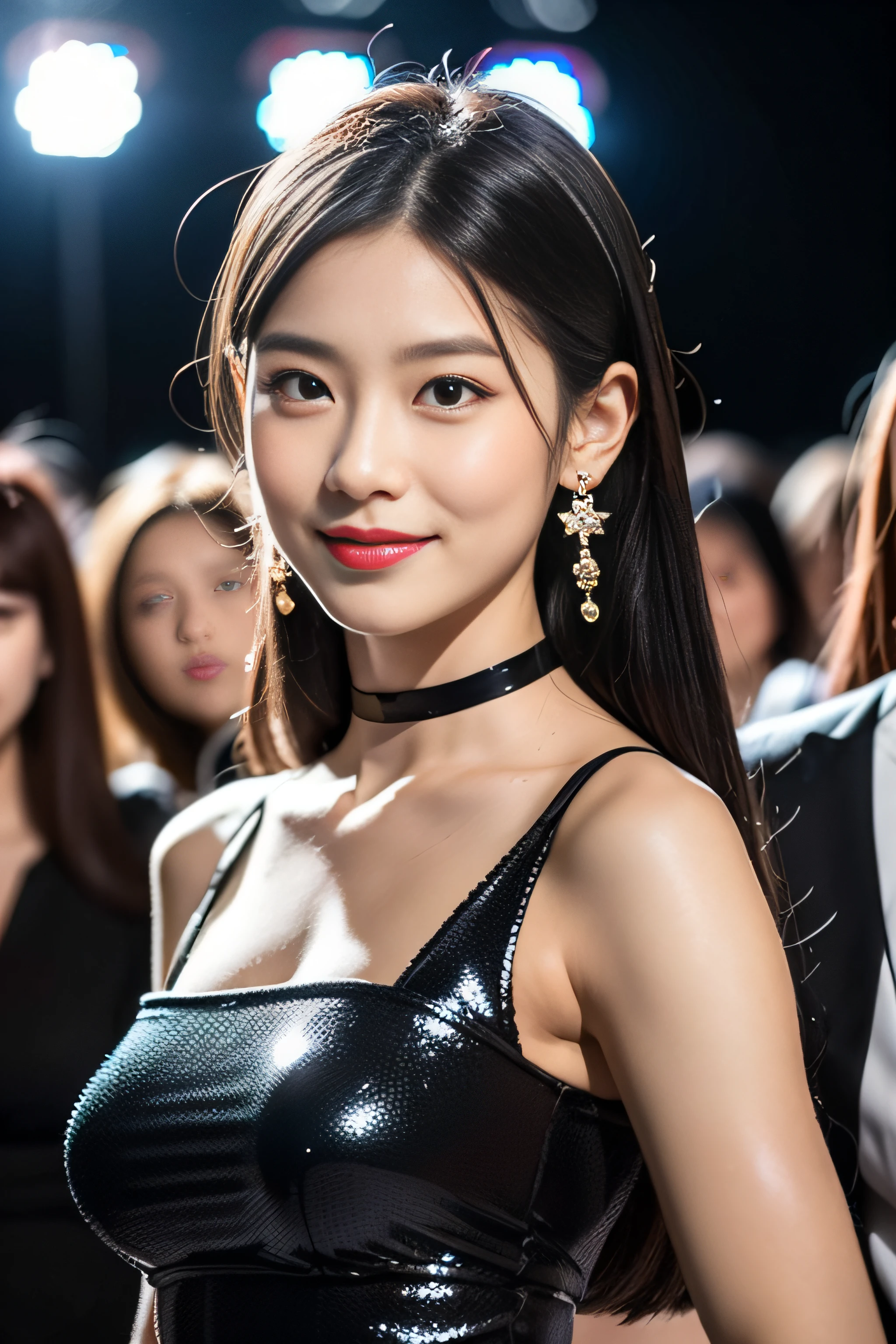 （8K分辨率，fully body photo，Realistic wallpapers），（1 female，18yr old，（Digging Wei Yangnai's facial features：1.6，Wide bone face，babyfat，s delicate face），com rosto detalhado，（Delicate Japanese makeup，Stage pop makeup），Lovely face，com rosto detalhado，详细的脸，Ultra-fine makeup，Black colored eyes，（Look into the distance），Long black straight hair，（By bangs，dual horsetail，Messy hair，Messy has layers），Redlip，Fair smooth skin，（Best Skin Type：1.21），mediuml ，（Everyday women's clothing，False sleeves，short  skirt，（materpiece：terylene，Lycra cotton，elasticity），Crystal hairpins，耳 Ring，choker necklace，Yarn gloves，high-heels），Tall and tall，perfect hand，Ultra-fine clothing material），（Stage performances，Exquisite stage details，（Vista view of the catwalk，Outdoor catwalk，Tokyo fashion show，neonlight，There were a lot of spectators in the audience，Model on the catwalk）），（exhilarated，confident smile，Rejoice），（Various stage lighting assistance，profesional lighting，动态照明），（（vibrant with colors，Reserved，ellegance，vivaciousness，（white colors，purpleish color，blue colors，In pink））），（Golden section，Cinema lenses，Hasselblad photograp，tmasterpiece：1.3），（Pure，adolable，Sunny and lively，dream magical，Little woman，trendsetting，Street style，Artis，Art platform