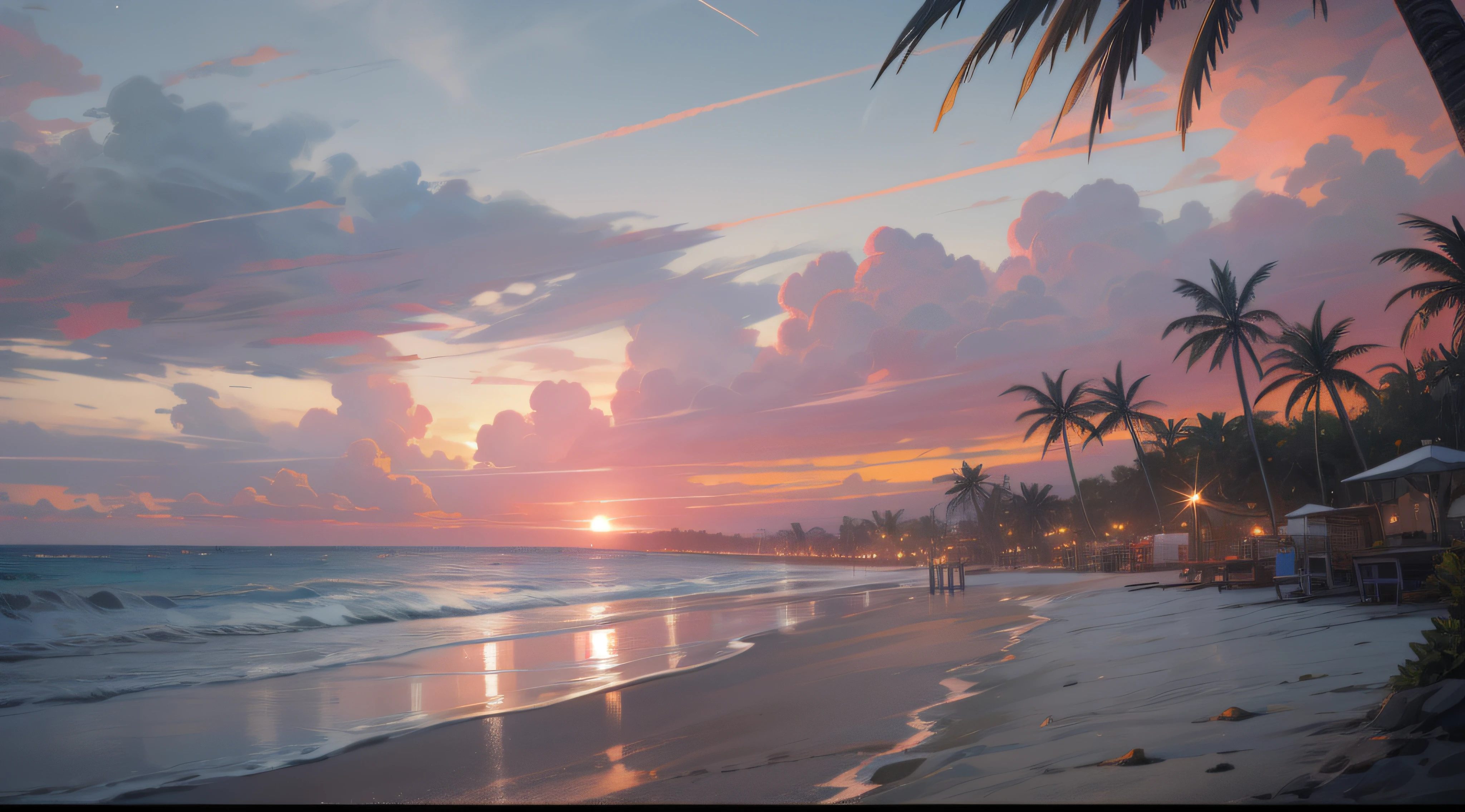 An absolutely mesmerizing sunset on the beach with a mix of orange, pink and yellow in the sky. The water is crystal clear, gently kissing the shore, and the white sand beach stretches as far as the eye can see. The scene is dynamic and breathtaking, with seagulls soaring high in the sky and palm trees gently swaying. Soak up the calm atmosphere and let the tranquility envelope.