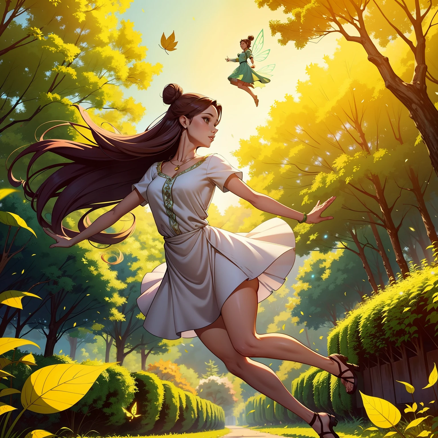 adult female fairy flying in the air, beautiful face, adult face, long hair in bun, short dress, full body, among giant leaves, friendly atmosphere, high quality, detailed