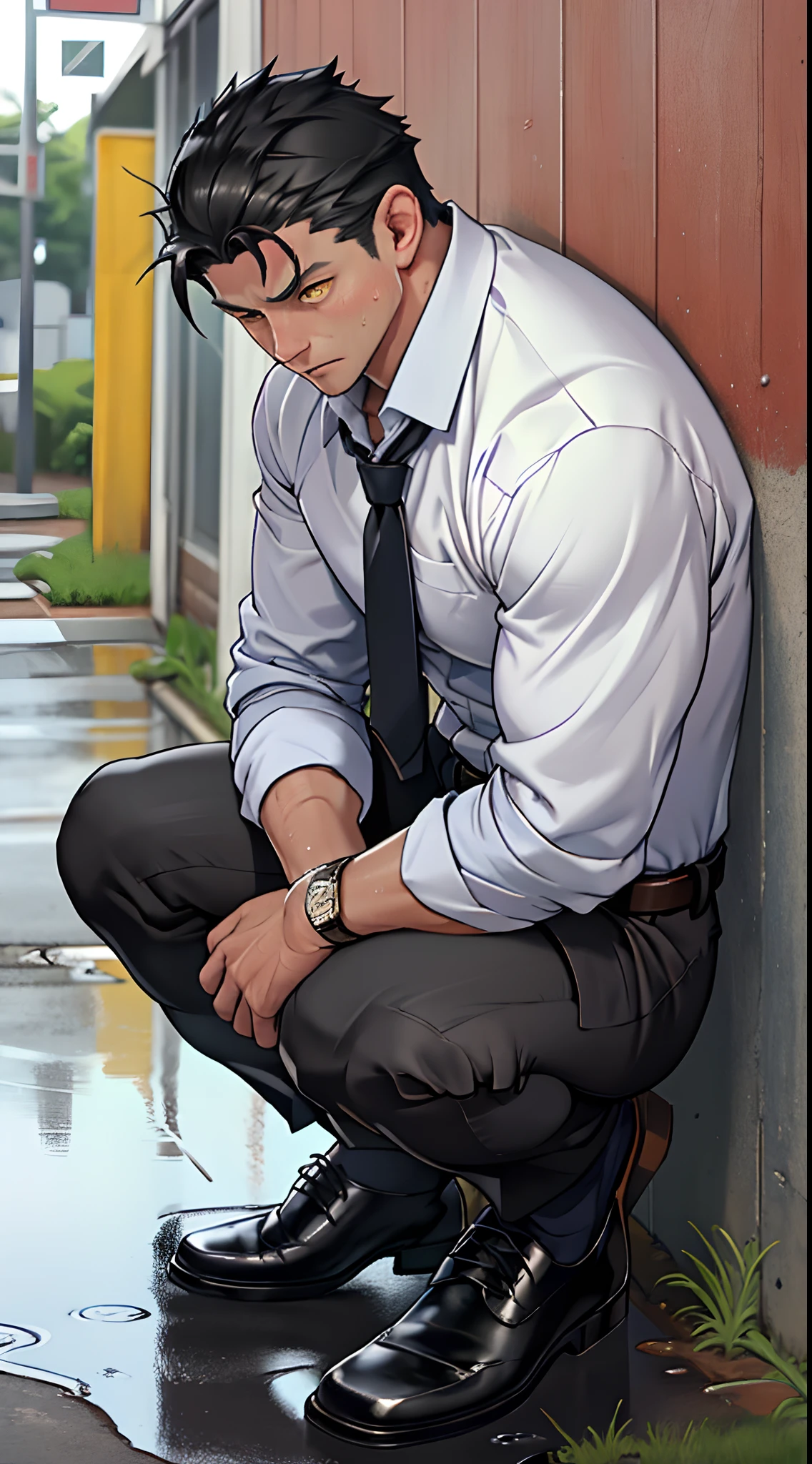 A3R1, Hector Fey ,Multi-view upper body, Suit pants view,legs separated,A3R1,pissing,Pee yourself,His own urine ran down his thighs,perfect male figure, Aerith Gainsborough ,Put your hands in your trouser pockets,Urine on the leg of the trouser,yellow eyes,kneels on the ground,Half squat,legs separated,Can't hold back urine,Wear a tie,wearing leather belt,Long Sleeve White Shirt,(The shirt is soaked),Black hair short hair,perspire,Black suit trousers,dress shoes,Nervously bow your head,is shy,embarressed,exhilarated,is shocked,panicking,worry,exteriors,On dry ground, A small puddle of his own urine formed around his feet,Half squat,Very eager to pee,Unbearable,Sweat runs from the crotch,Wet yourself,Squat down to urinate,high detal,hentail realism,ultra-realistic realism,three sided view, A masterpiece of careful planning,A high resolution, hyper HD ,anatomy correct,super detailing,best qualtiy,A high resolution,8K