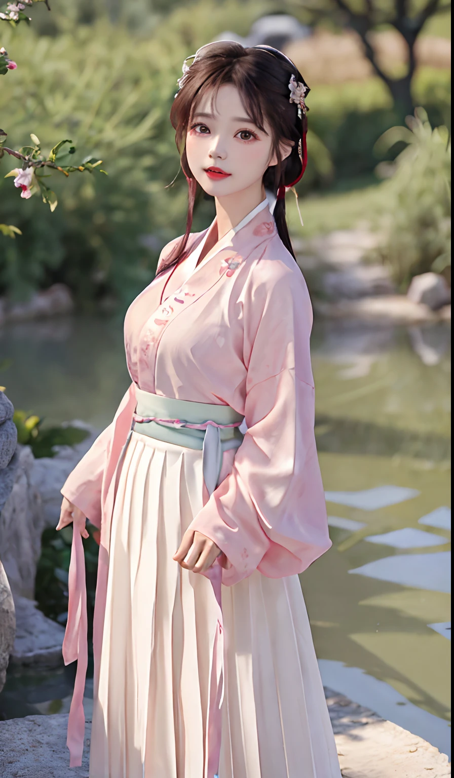 (8k, best quality, masterpiece:1.2), (realistic, photo-realistic:1.2),(sky of background: 1.2),looking at viewer, 1girl,perfect face, perfect eyes,large breasts,perfect skin,make happy expressions,gorgeous,pure,light make up,jade jewelry,hair ornament,hair band,looking at viewer,colorful,(hanfu, song style outfits, 1girl, pink short shan, white pleated skirt, red songmo),