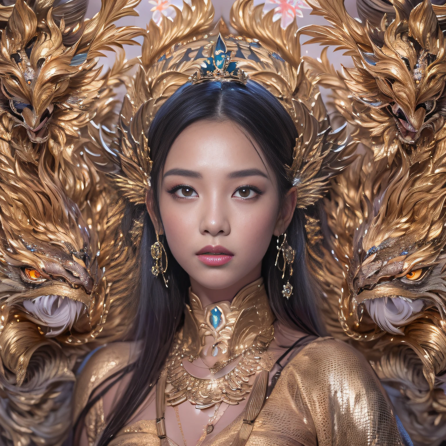 16k(tmasterpiece,k hd,hyper HD,16k)short detailed hair,Gold jewelry area in the back room,Smoke ring girl ,Bronze Dragon Protector (realisticlying:1.4),Python pattern robe,Purple-pink tiara,Snowflakes fluttering,The background is pure,Hold your head high,Be proud,The nostrils look at people, A high resolution, the detail, RAW photogr, Sharp Re, Nikon D850 Film Stock Photo by Jefferies Lee 4 Kodak Portra 400 Camera F1.6 shots, Rich colors, ultra-realistic vivid textures, Dramatic lighting, Unreal Engine Art Station Trend, cinestir 800,Hold your head high,Be proud,The nostrils look at people