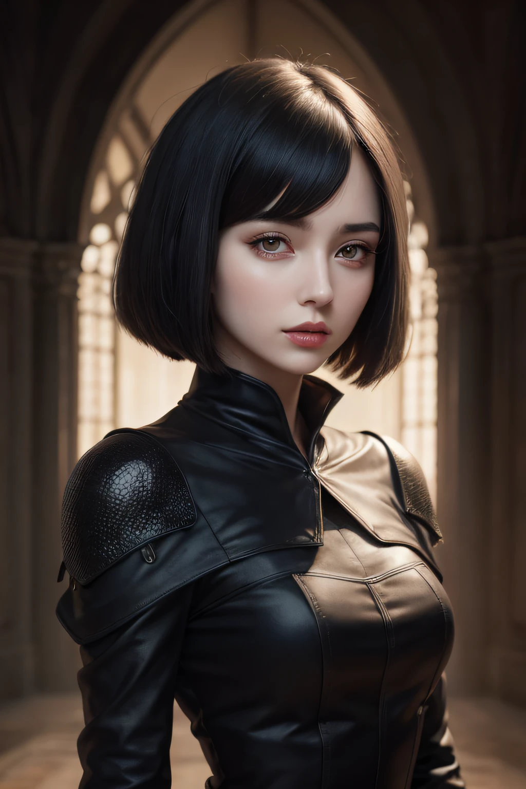 young woman with a bob cut style, black hair, pale skin, dark eyes, semi-realistic anime style, portrait, fantasy character concept art, medieval blouse