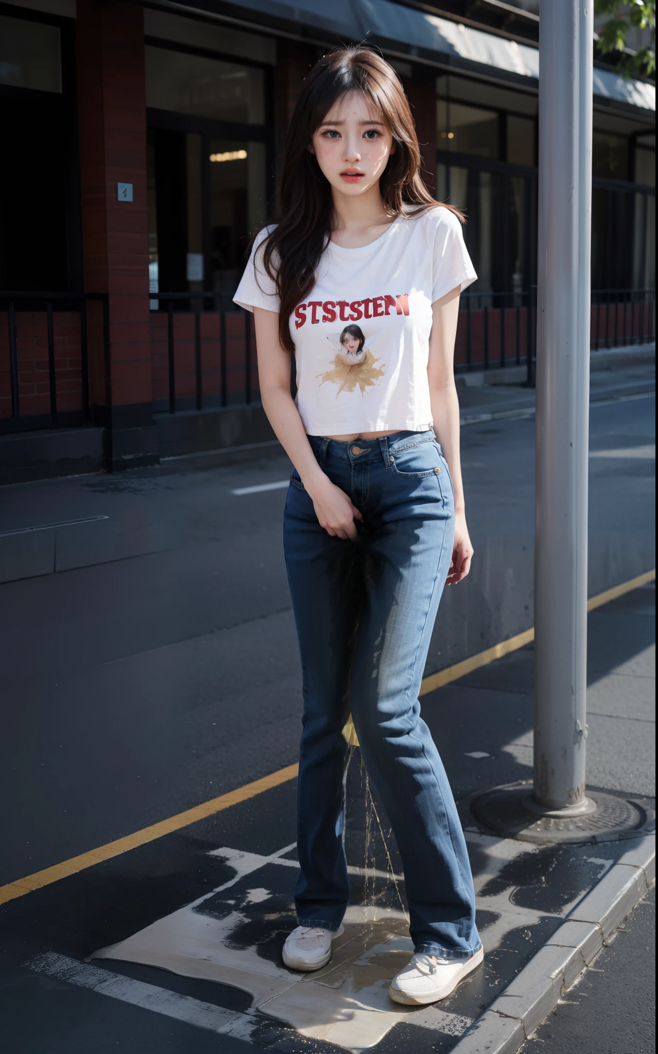 masterpiece, 8K, realistic, highly detailed, highres, best quality, detailed face,1girl, 20 years old, (blue jeans pants), full body, blush, worried, park, ((((((pee stain))))))