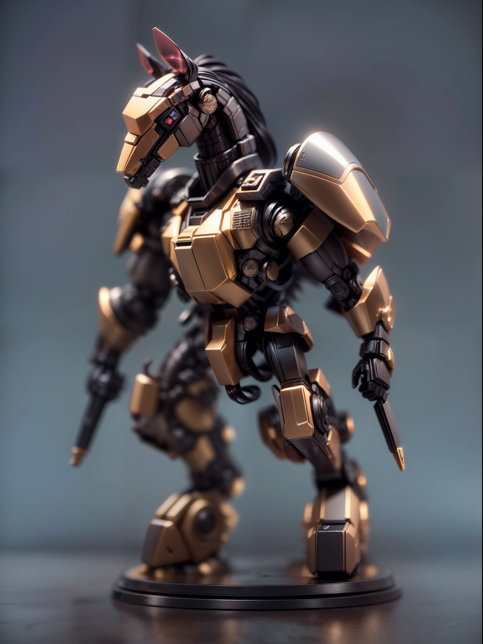 (Blind box toy style:1.3),((Full body shot))(anthropomorphism) , (1 strong horse mecha warrior)(((solo))) metal mecha,dreamy glow, Clean dark background,Brown black style,(circular base)( Global illumination, Ray tracing, hdr, unreal render,reasonable design, high detail, Masterpiece, Best quality, hyper HD, Cinematic lighting)