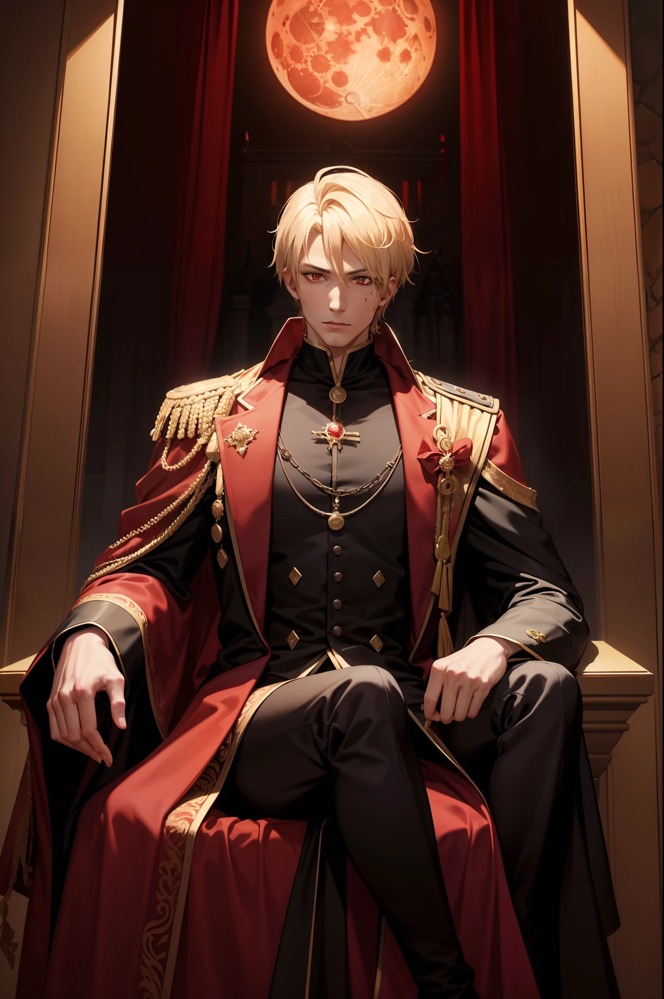 A 29-year-old man, a vampire king with blond hair (short hair) and red eyes, he wears a brown robe and black outfit with red. (Senarius a bloody moon night in a royal castle)