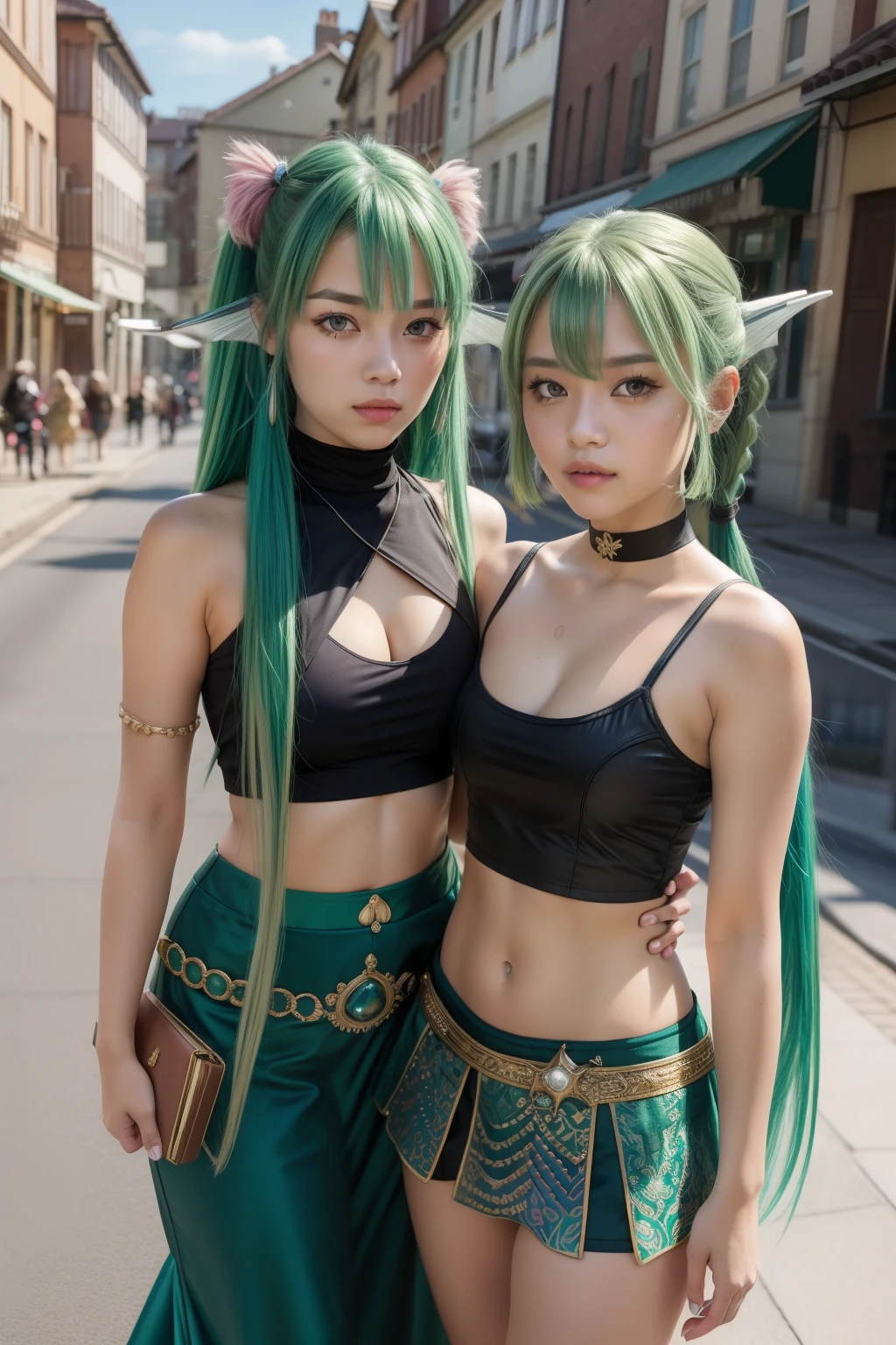 (masterpiece, best quality),  intricate details, 
1girl,  finana, (head fins:1.2), ponytail, green hair, midriff, duo,Two women in costume taking selfies on the street,colorful pigtail, anime cosplaying, navel, long hair, looking at viewer, crop top, cowboy shot hair ornament, medium breasts, bangs,
 anjanath (armor),