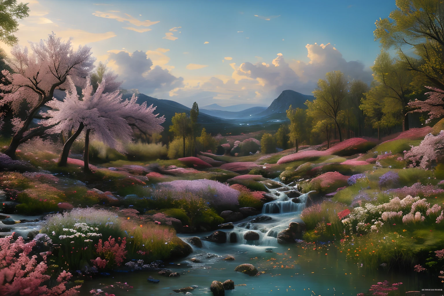 Paysage forestier au printemps  , Eau cristalline, ciel azur lumineux, fleurs glycines ,(Highly detailed CG Unit 8k wallpaper), The most beautiful work of art in the world, Professional majestic oil painting, complexe, High detail, mise au point nette, dramatique, Art of photorealist painting, Alma Tadema