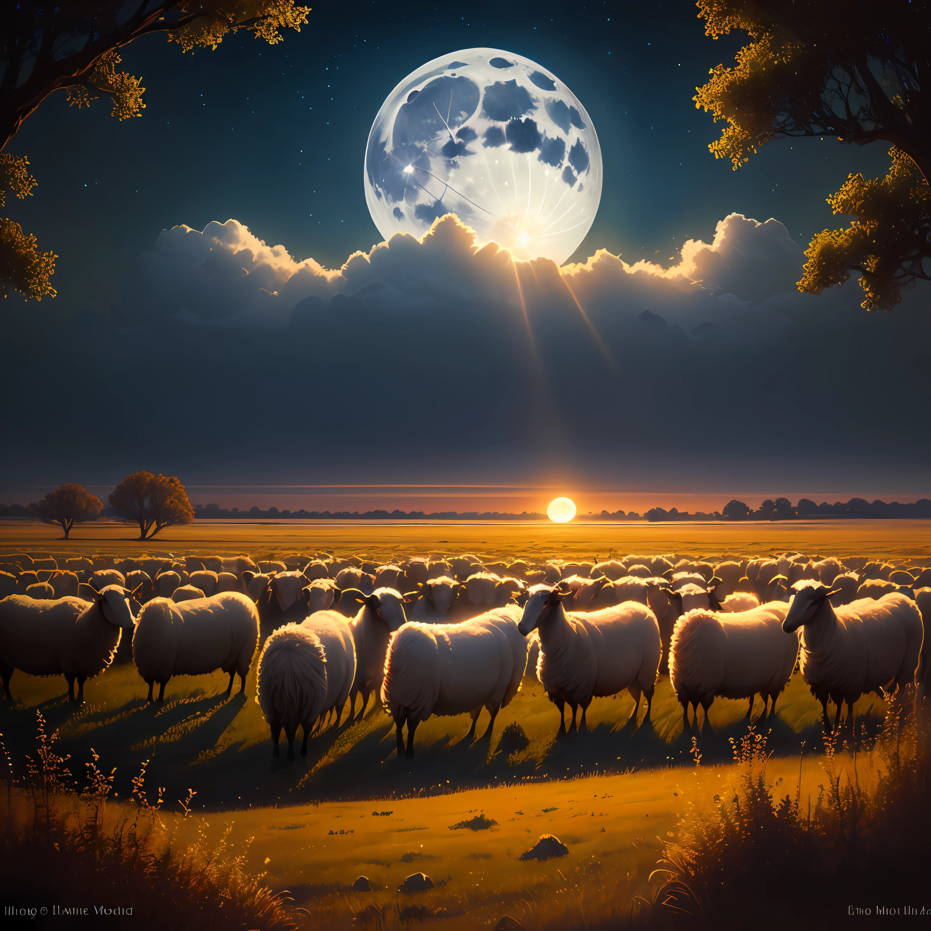 The moonlight shines on the wide horns of the sheep lying on the prairie
