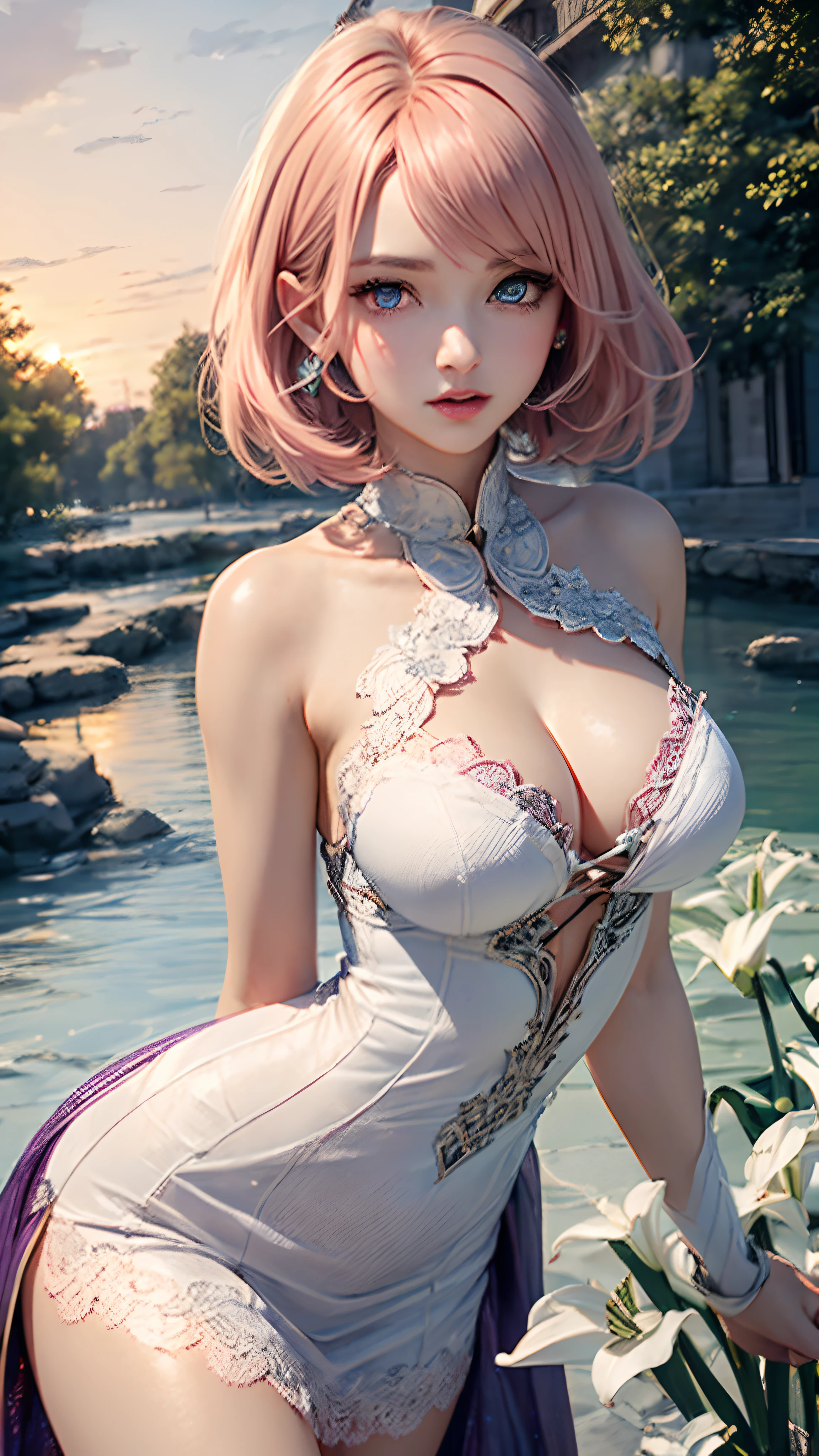Realistic, Hyper Detail, Girls only, Layered Bob, Dynamic lighting, ((Bold imaginative poses)), (Glossy skin: 1.5), masutepiece, of the highest quality, absurdity, Watching Viewer, (blonde and pink hair), (Deep Purple Clear Eyes:1.3),((Beautiful, Detailed eyes, Eyes Like Gems, Colorful eyes, Sparkling eyes:1.3)), slender, High resolution, Sharp Focus, depth of fields, Detail Eyes, Sharp eyes, (Realistic eyes)), Outdoors, Sunrise sky, (Attractive delicate design river trimmed lace dress, (Wearing sexy armor of white lilies with intricate patterns): 1.3))