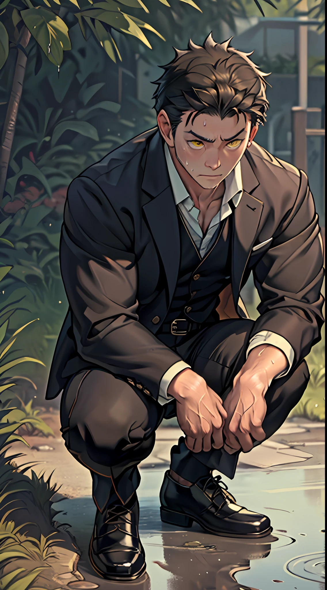 A3R1, Hector Fey ,Multi-view upper body, Suit pants view,legs separated,A3R1,pissing,Pee yourself,His own urine ran down his thighs,perfect male figure, Aerith Gainsborough ,Put your hands in your trouser pockets,Urine on the leg of the trouser,yellow eyes,kneels on the ground,Half squat,legs separated,Can't hold back urine,Wear a tie,wearing leather belt,Long Sleeve White Shirt,(The shirt is soaked),Black hair short hair,perspire,Black suit trousers,dress shoes,Nervously bow your head,is shy,embarressed,exhilarated,is shocked,panicking,worry,exteriors,On dry ground, A small puddle of his own urine formed around his feet,Half squat,Very eager to pee,Unbearable,Sweat runs from the crotch,Wet yourself,Squat down to urinate,high detal,hentail realism,ultra-realistic realism,three sided view, A masterpiece of careful planning,A high resolution, hyper HD ,anatomy correct,super detailing,best qualtiy,A high resolution,8K
