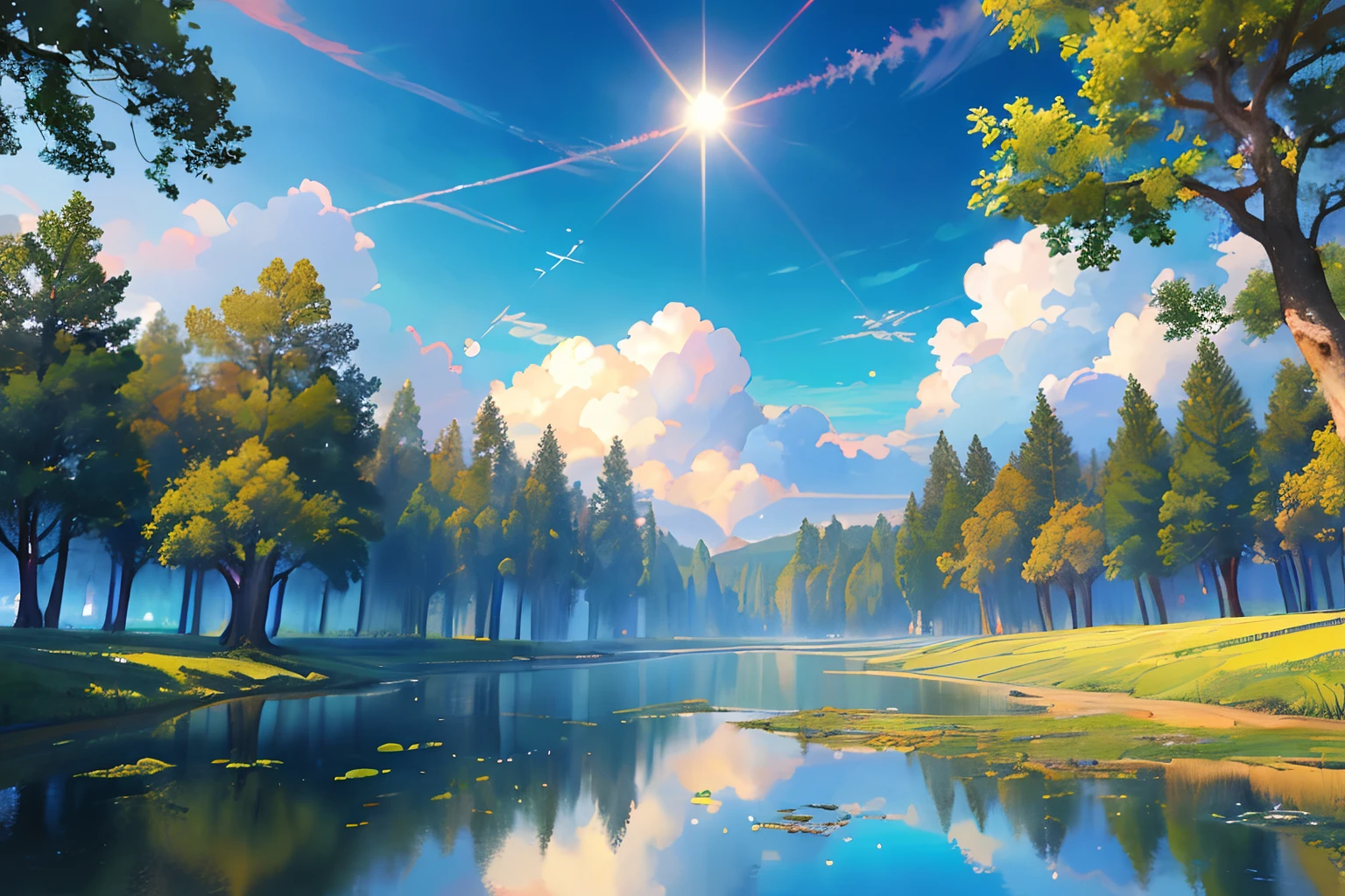 ​masterpiece, top-quality, (extremely detailed CG unified 8k wallpaper) (top-quality), (The best illustrations), (best shade)、Super Meticulous, blue-sky、Variety of clouds、Wonderfully beautiful、nostalgic、Looking up at the sky、Reflection of the Sun、Natural colors、the woods、