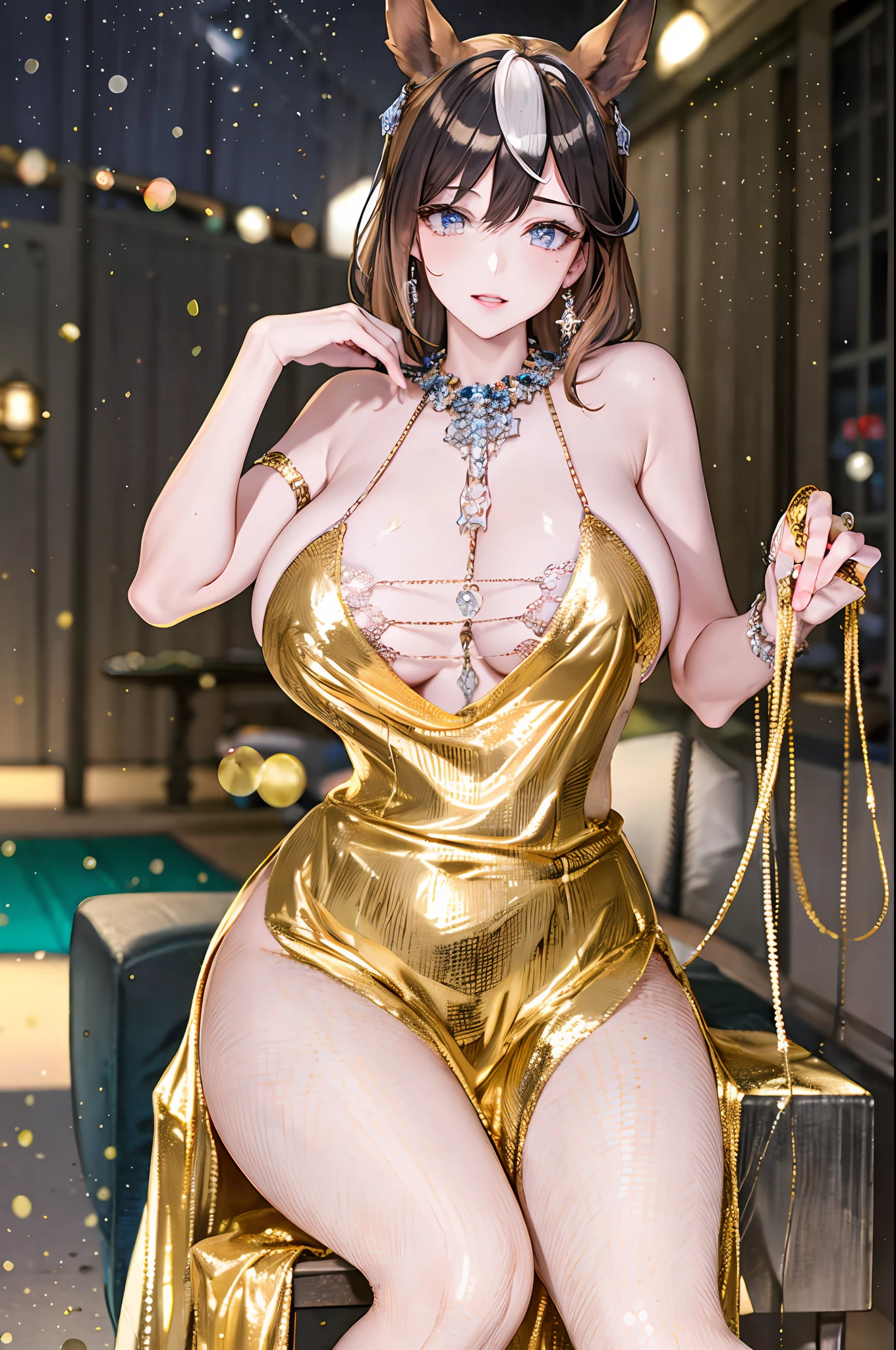 beautiful, masterpiece, best quality, extremely detailed face, perfect lighting, 1girl, solo, sitting, hmsymbo, 1girl, animal ears, streaked hair, horse tail, huge breast, cleavage, dress, bra, jewelry, golden dress, earrings, armlet, bracelet, high heels, handbag, cowboy shot, expressionless, simple background, outdoors, (Alley:1.2), night sky