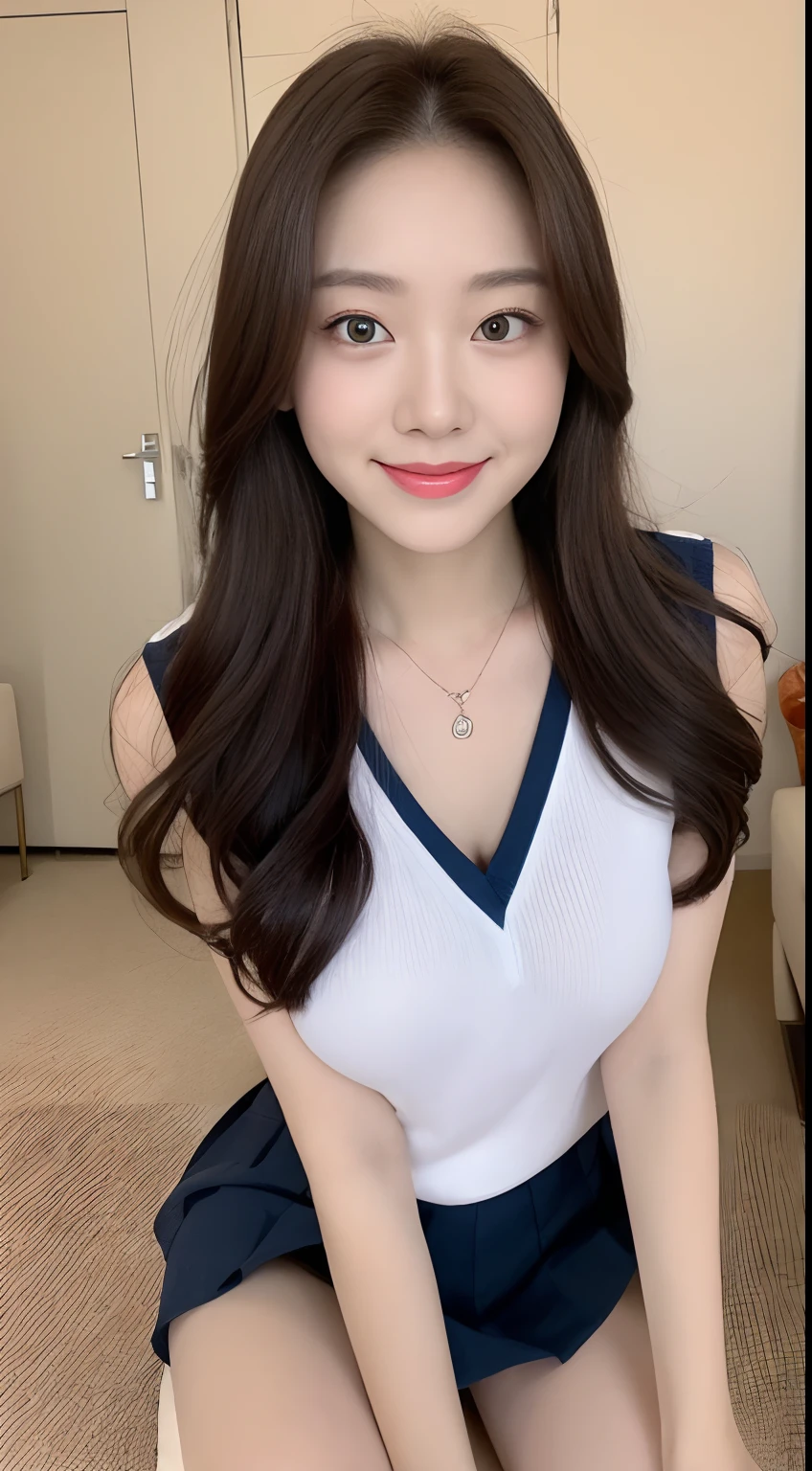 ((Best Quality, 8k, Masterpiece:1.3)), Focus:1.2, Perfect Body Beauty:1.4, Buttocks:1.2, ((Delicate Hair)), showing boobs, (sexy school Uniform:1.1), skirt lift up, sitting on chair, legs open M shape, skirt liftup, (Room, class room: 1.3), Highly detailed facial and skin texture, Fine eyes, Double eyelids, Whitening skin, Big breasts, smile, wearing a necklace, full body picture