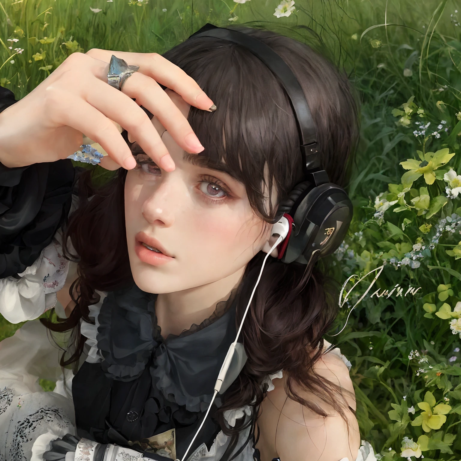 An Arad woman wearing headphones sits on a bench on the grass, alina ivanchenko, Charlie S, Melanie Martinez, Album art, with headphone, with headphone, Mina Petrovich, resembling a mix of grimes, Dua Lipa, she looks like a mix of grimes, album covers!, inspired by Winona Nelson, Thousands of years ago, very very low quality picture