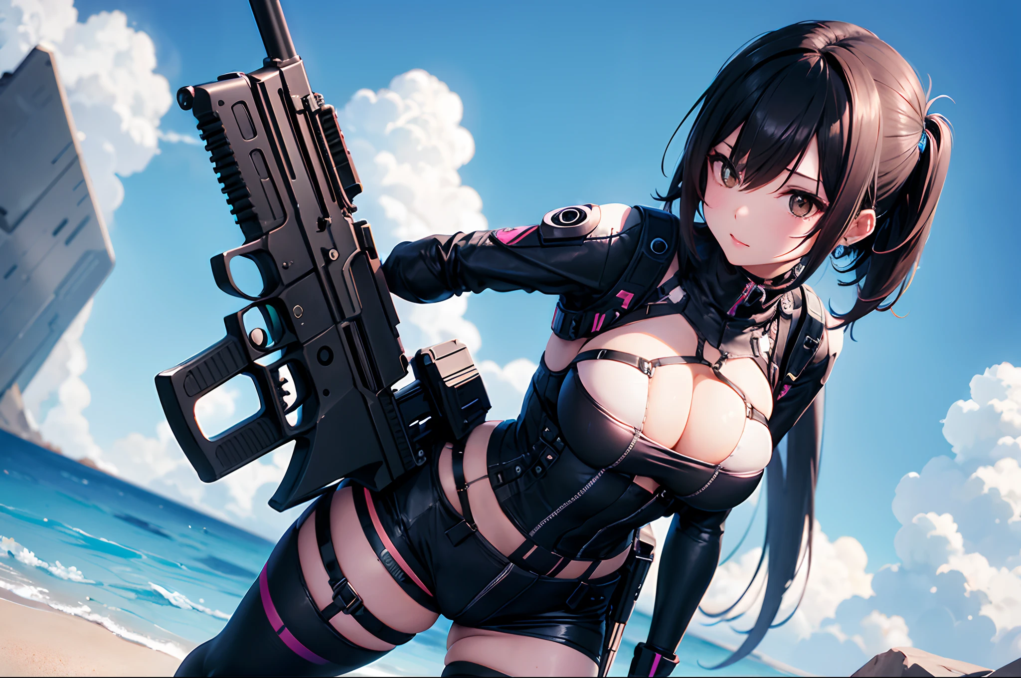 kawaii breastsout girl with cyberpunked Have a gun look up sky ren Bright Wide world Looking at the Earth