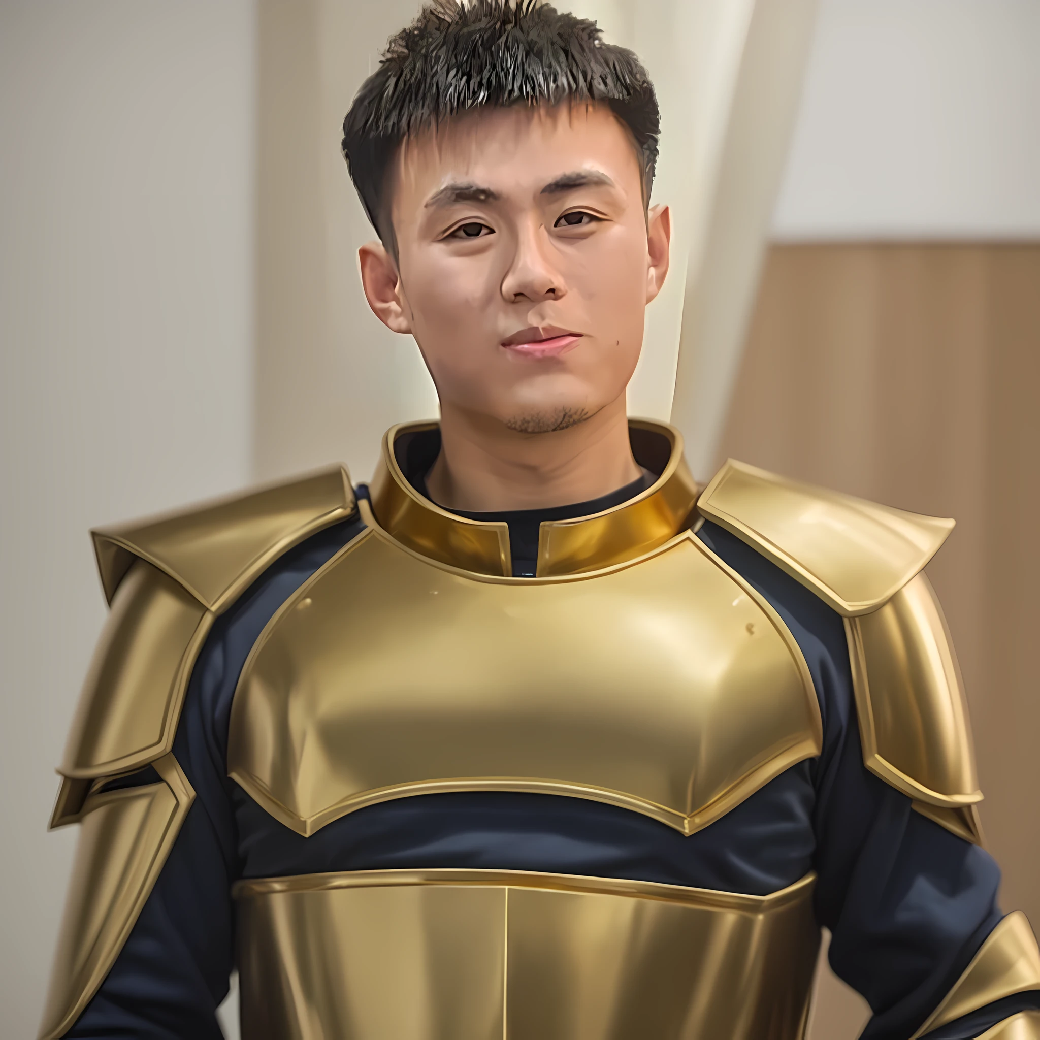 of a guy,Anime,Facial features are clearly visible,Wearing gold armor。
