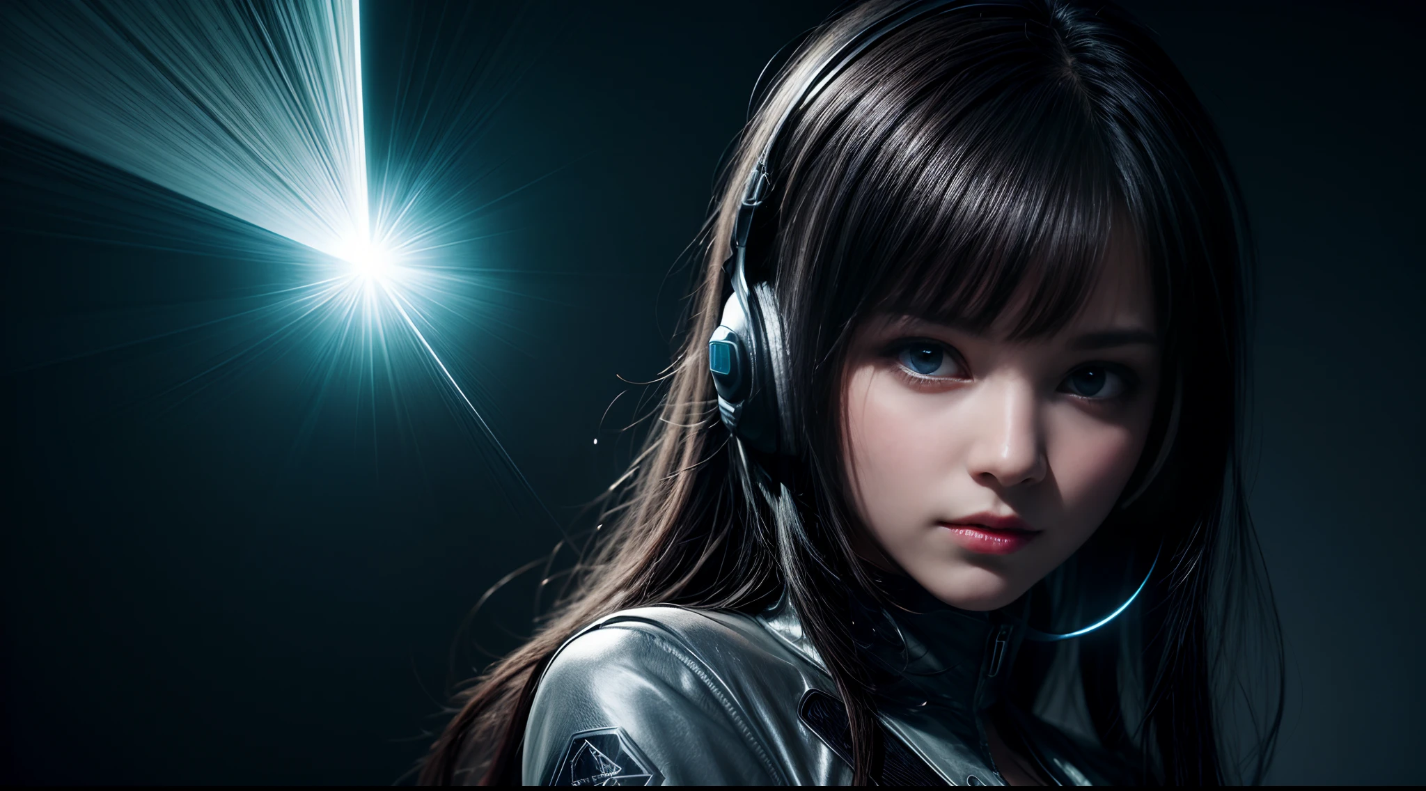 wallpaper, illustartion, poster, photographic, realistic, 1woman, flat_breasts,cute,beautiful detailed eyes, shiny hair, videogame warrior, gamer, futuristic headset, jumpsuit with neonlighting applications, Black_hair, long hair, straight hair, blunt bangs, green_eyes, vampiric smile, weightlessness, Side light, reflection, The person is at the bottom left of the frame, ghostly hologram of her in the upper right corner of the screen, Reflected light from the sun, Silver metal, brilliance, diffuse reflection, Metallic texture, magnificent, background: bioluminescent bubbles of different sizes, blurry dark purple background, steam, lightbeams, prismatic effects, steamy clouds, fog with particles, smoke, abstract, wallpaper, motion, animation